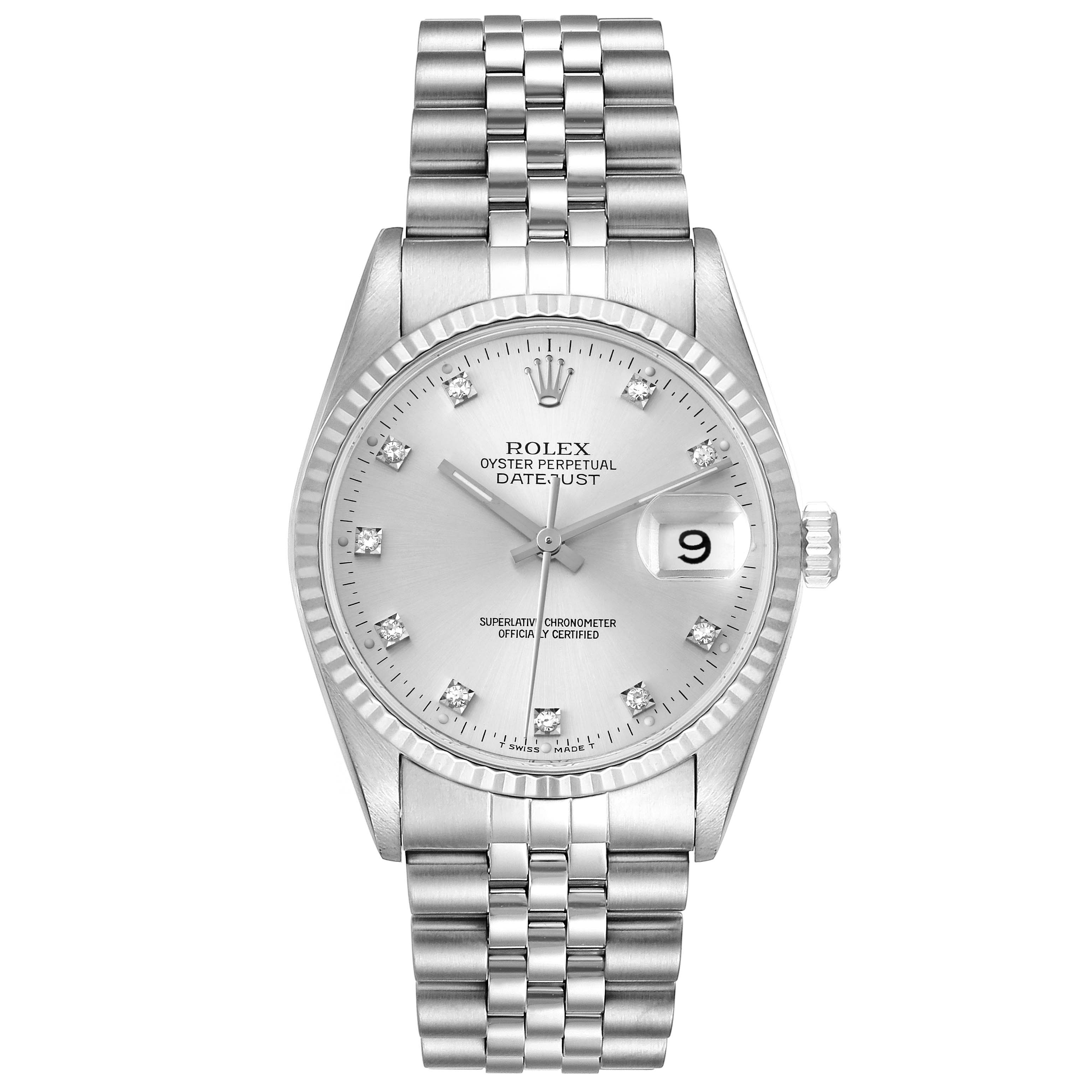 This image shows a front view of a Rolex Datejust 16234 Men's Stainless Steel Silver Dial 16234 Men's Stainless Steel Silver Dial watch, highlighting the dial, bezel, and bracelet.