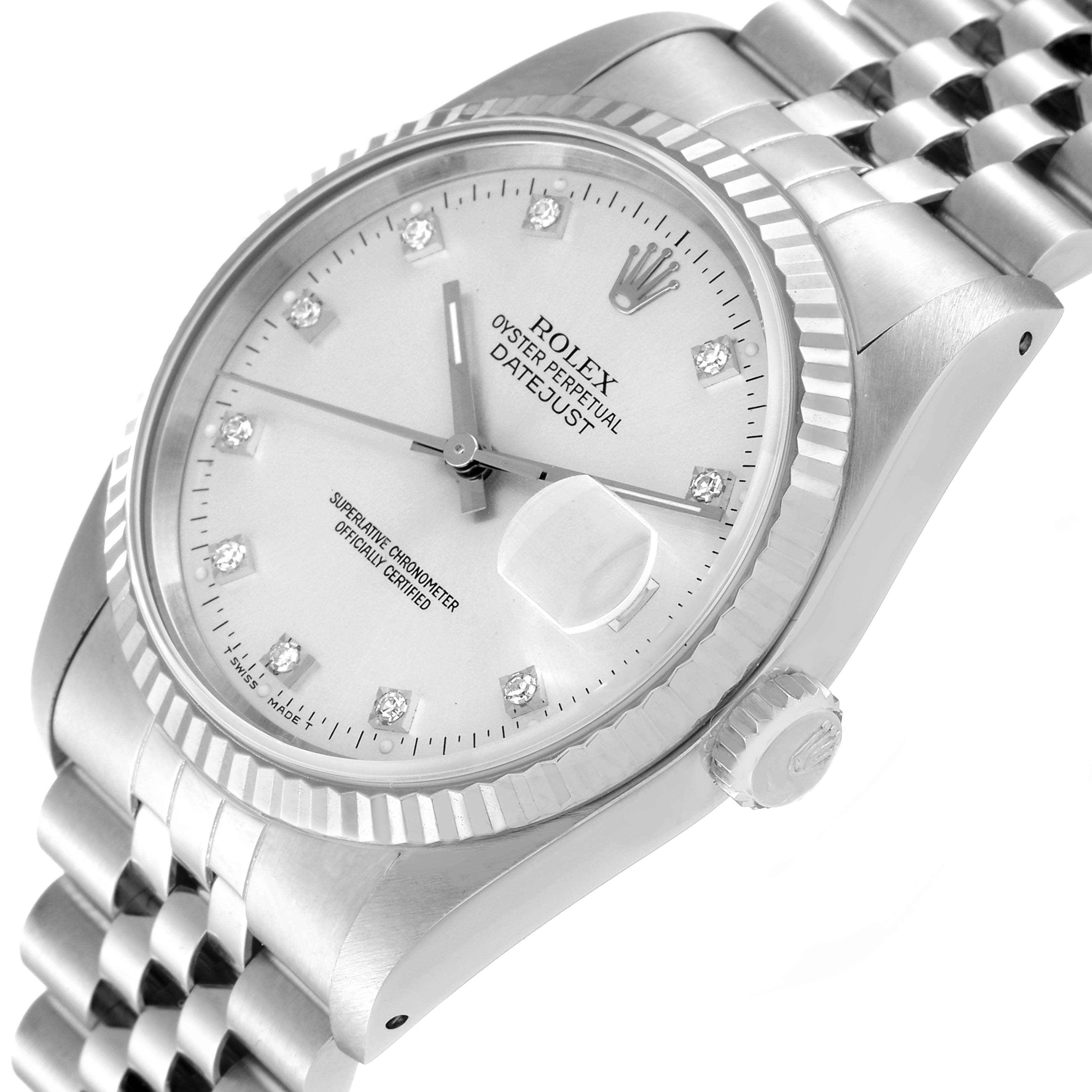 The image shows the face and side profile of a Rolex Datejust 16234 Men's Stainless Steel Silver Dial 16234 Men's Stainless Steel Silver Dial watch, highlighting the crown, bezel, and bracelet.