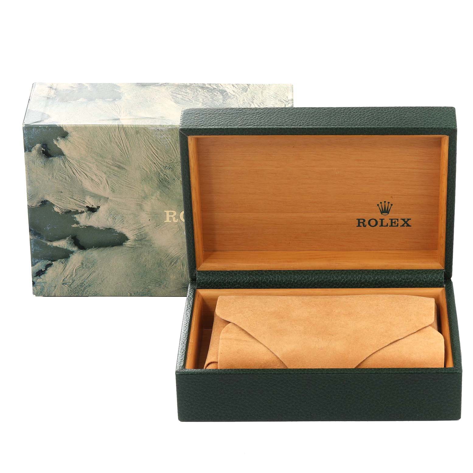 This image shows a Rolex Datejust 16234 Men's Stainless Steel Silver Dial 16234 Men's Stainless Steel Silver Dial presentation box with the inner cushion inside the wooden and leather case.