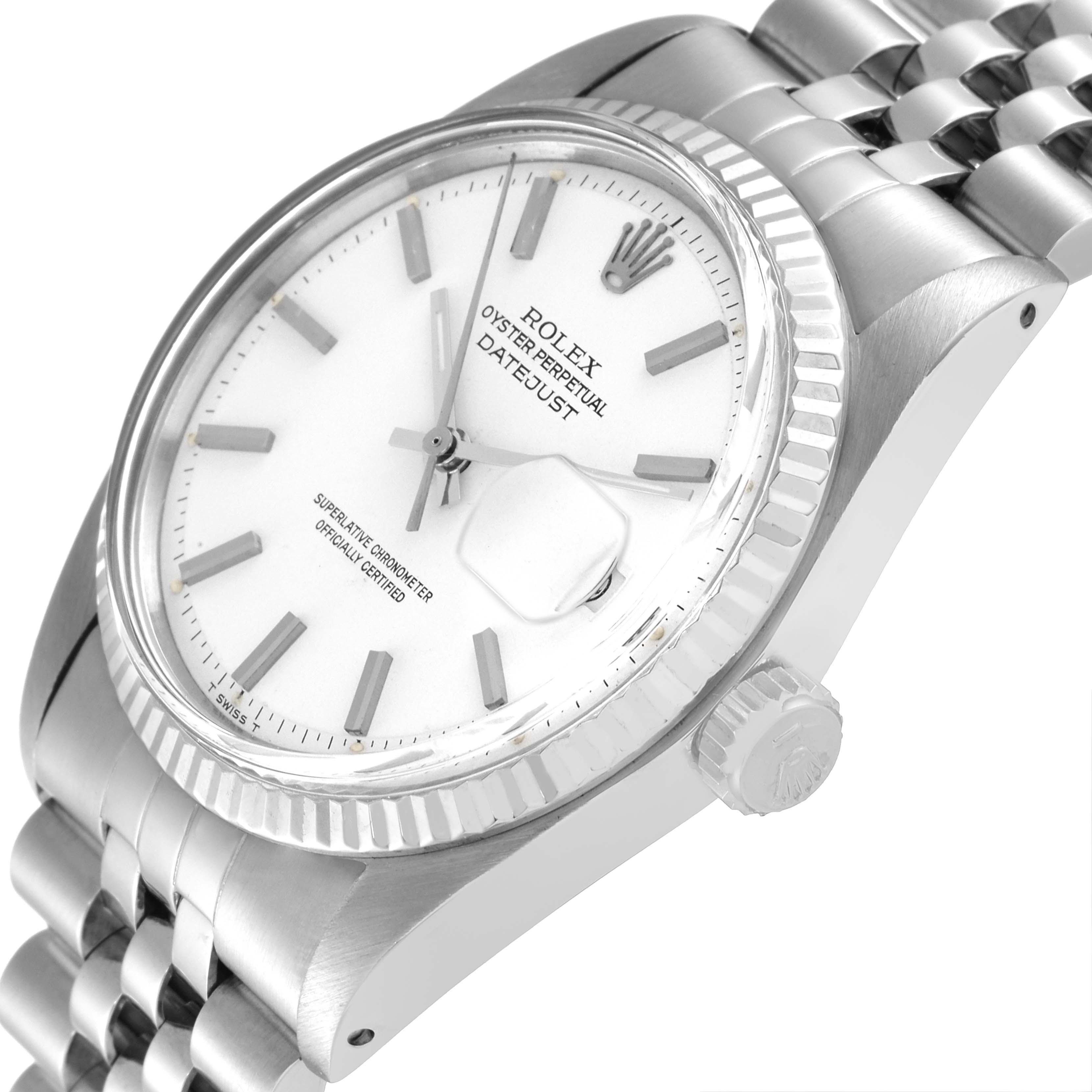 This image shows an angled view of the Rolex Vintage Collection 1601 Men's Stainless Steel White Dial 1601 Men's Stainless Steel White Dial Datejust watch, highlighting its white dial, fluted bezel, and metal bracelet.