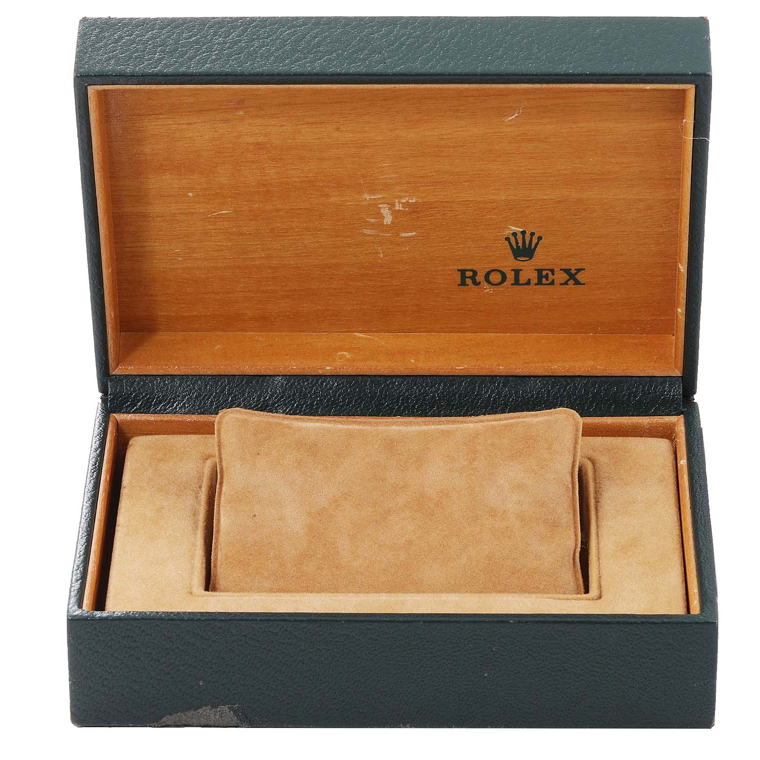 This image shows an open Rolex Vintage Collection 1601 Men's Stainless Steel White Dial 1601 Men's Stainless Steel White Dial watch box, displaying the interior lining and cushion.