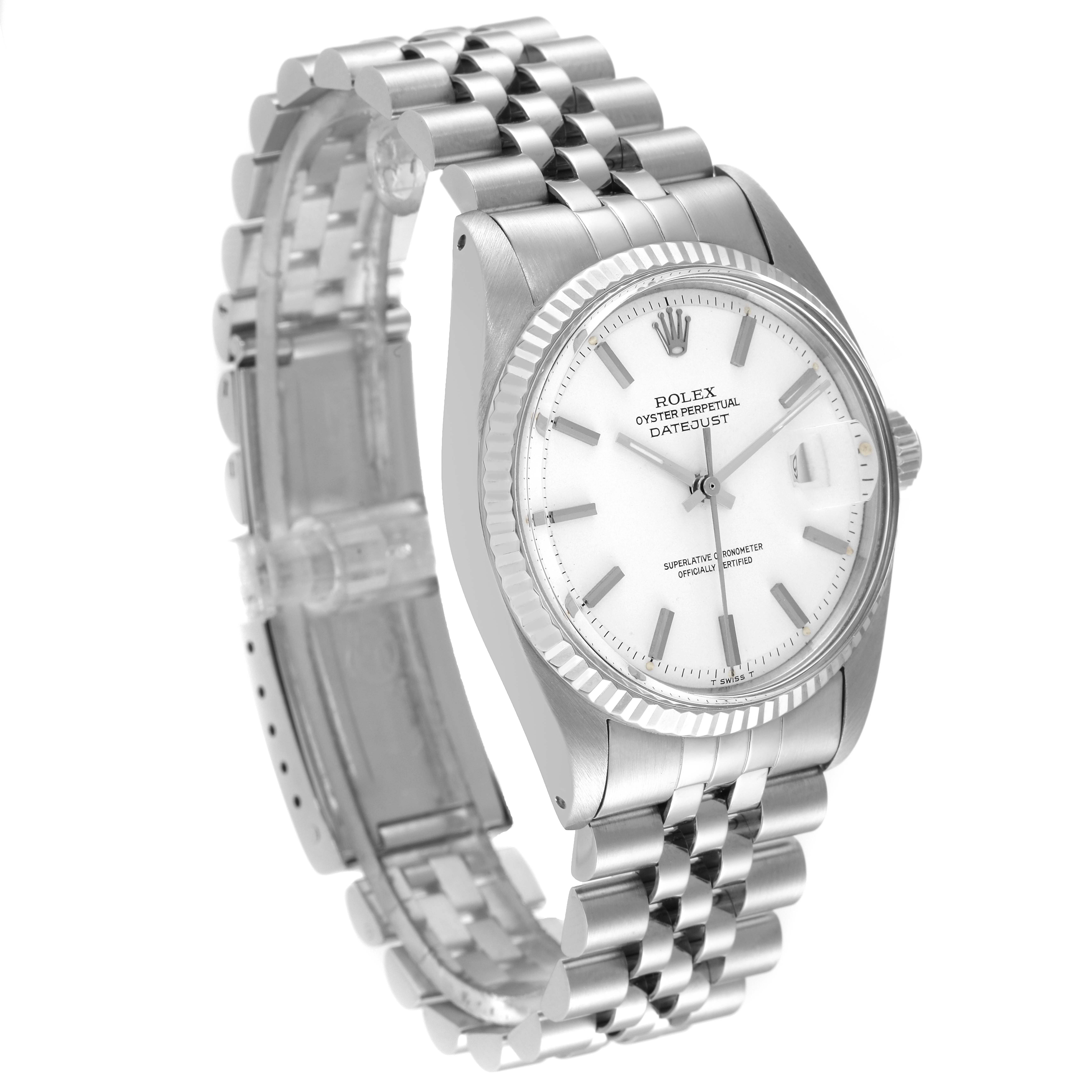 The image shows a Rolex Vintage Collection 1601 Men's Stainless Steel White Dial 1601 Men's Stainless Steel White Dial Datejust watch at a three-quarter angle, highlighting the face, bezel, and bracelet.