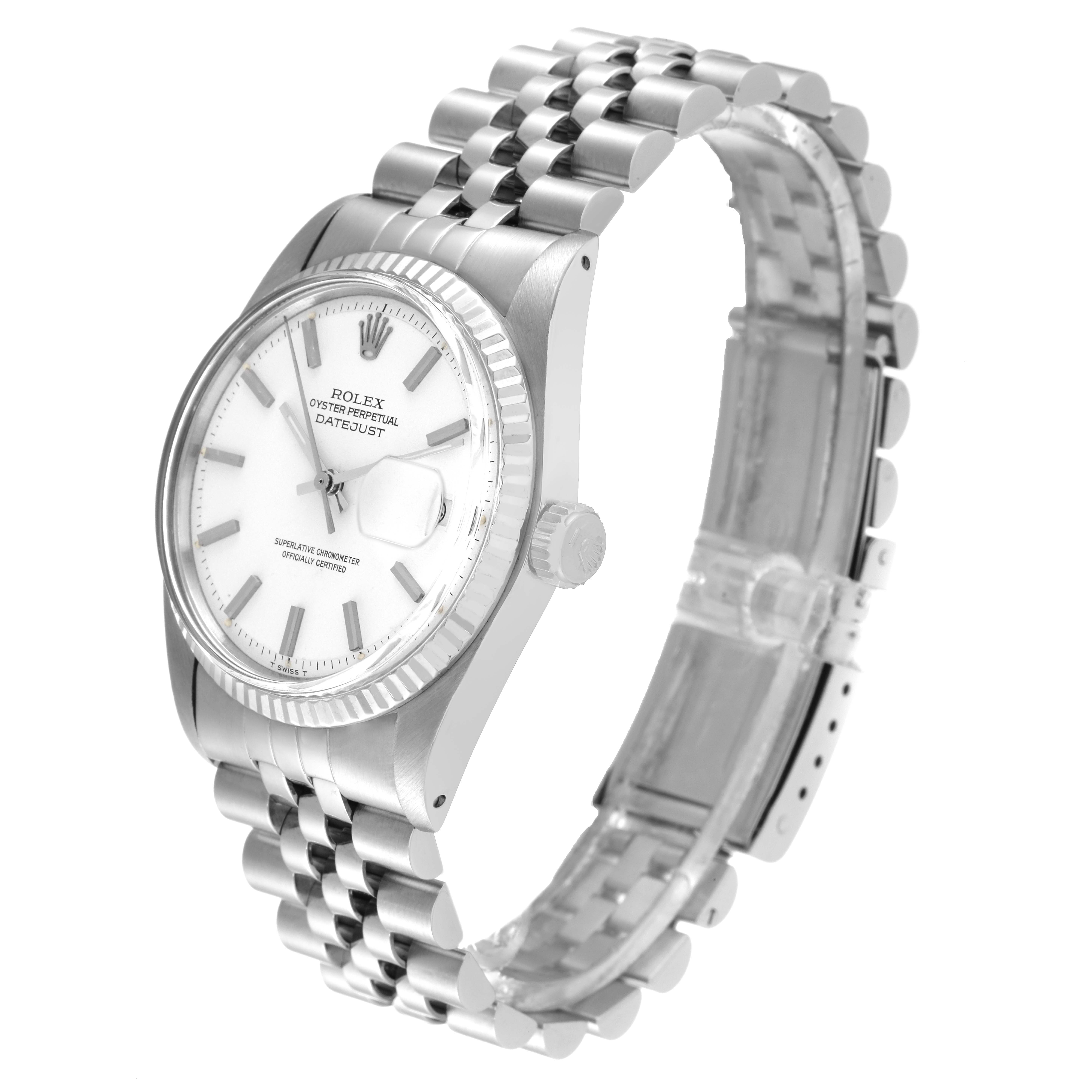 The image shows a side view of a Rolex Vintage Collection 1601 Men's Stainless Steel White Dial 1601 Men's Stainless Steel White Dial watch, highlighting the face, bezel, crown, and bracelet.