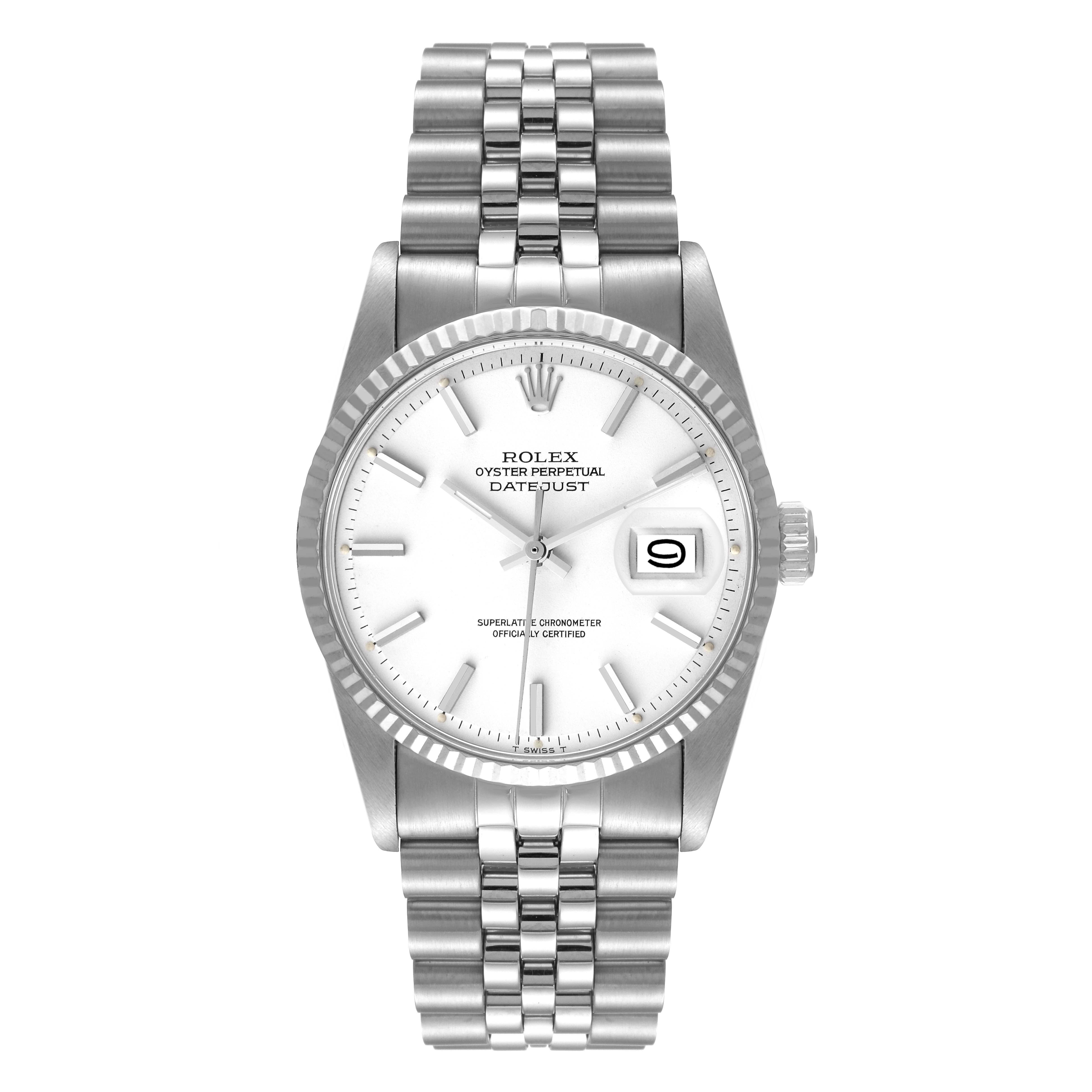 The image shows a frontal view of the Rolex Vintage Collection 1601 Men's Stainless Steel White Dial 1601 Men's Stainless Steel White Dial Oyster Perpetual Datejust watch.