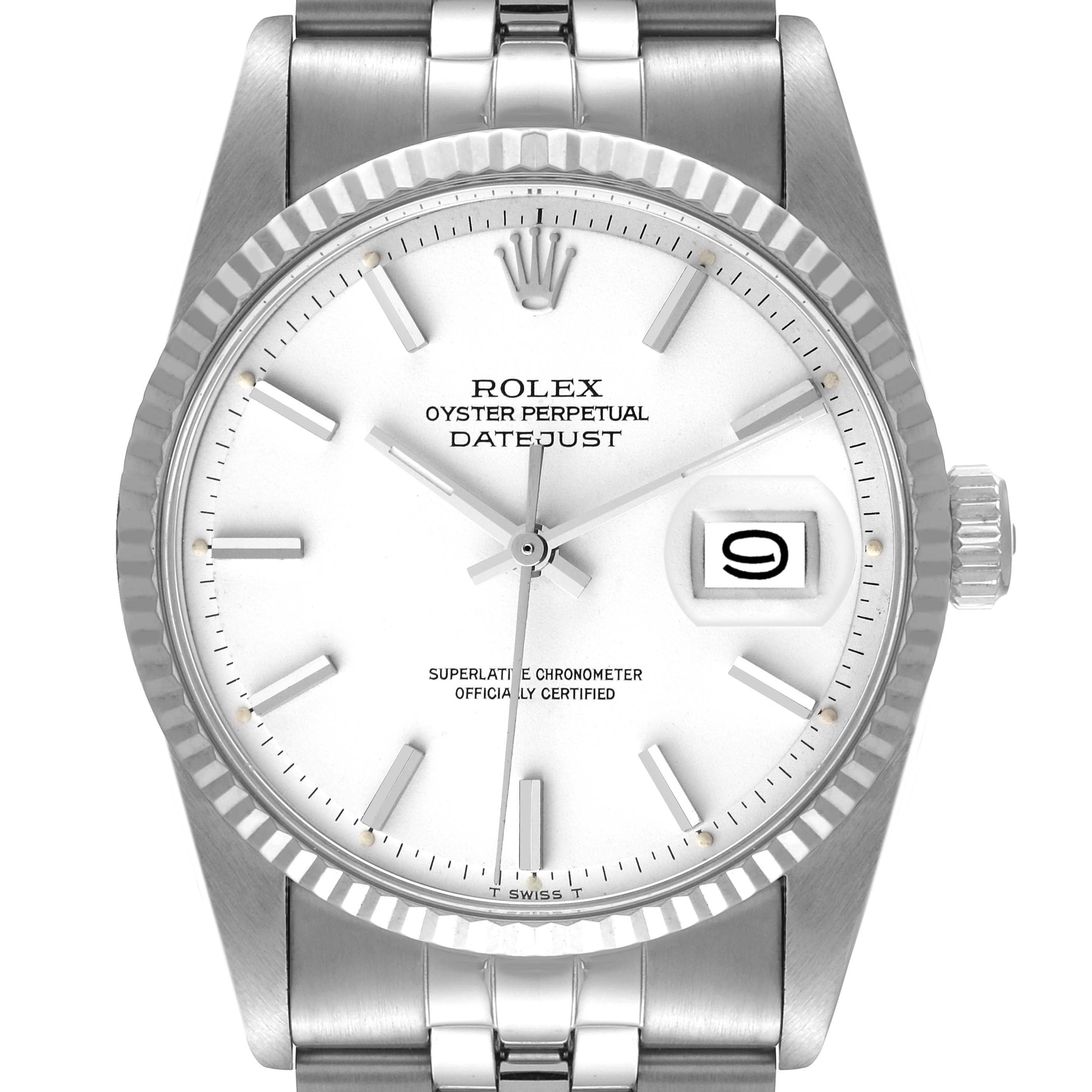 The image shows a front view of the Rolex Vintage Collection 1601 Men's Stainless Steel White Dial 1601 Men's Stainless Steel White Dial Oyster Perpetual Datejust watch, highlighting the dial, bezel, and bracelet.