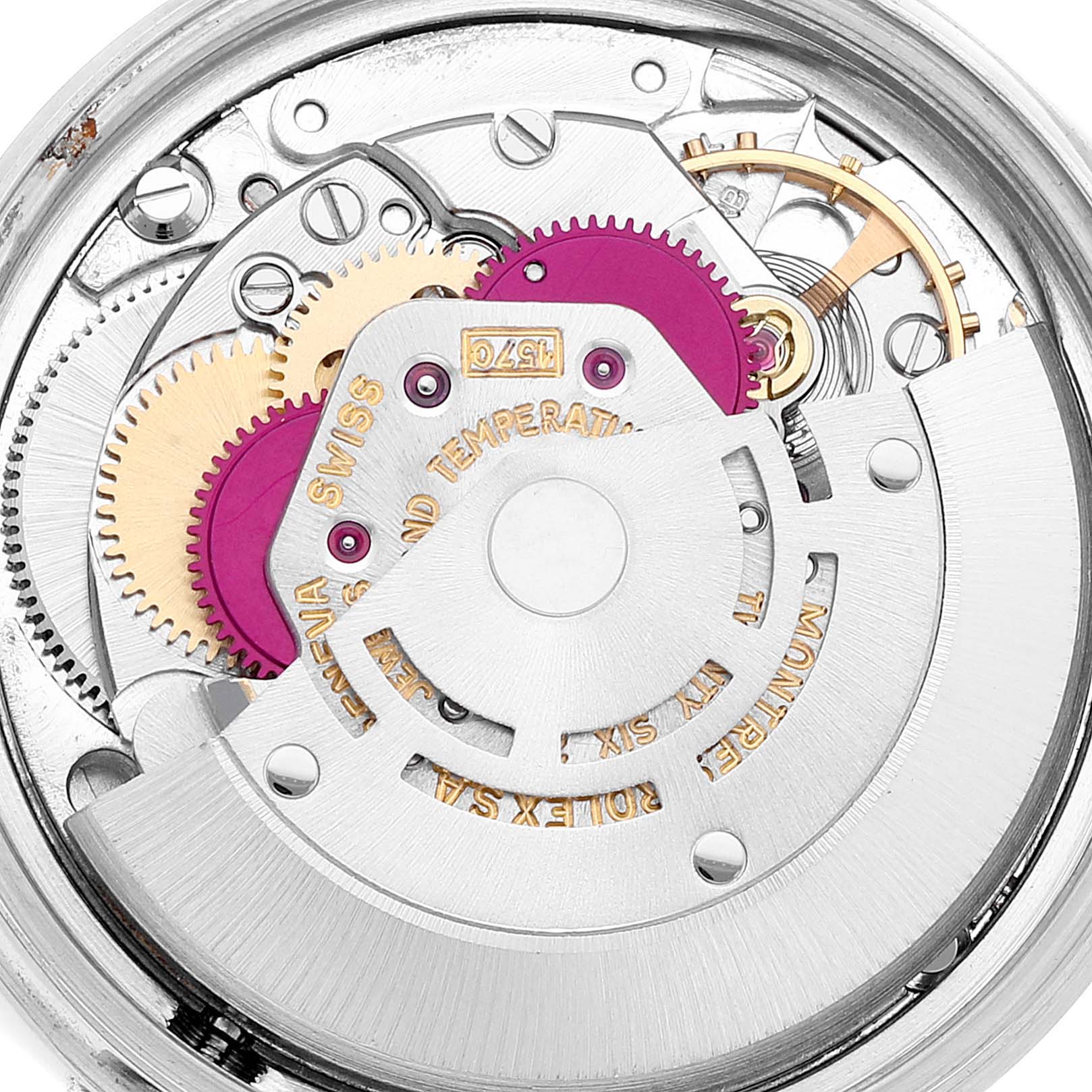 This image shows the intricate inner mechanism and movement parts of a Vintage Collection Rolex watch from a top-down angle.