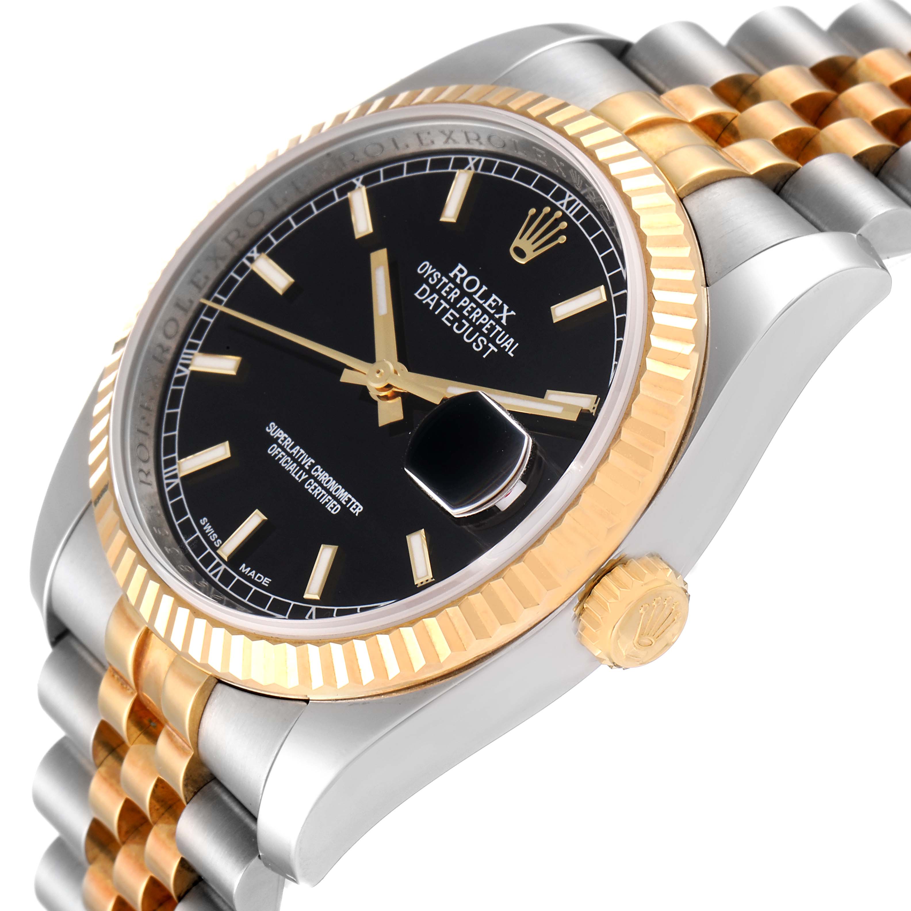 The image shows a close-up angle of a Rolex Datejust 116233 Men's Steel and Gold (two tone) Black Dial 116233 Men's Steel and Gold (two tone) Black Dial watch, highlighting the face, bezel, and part of the bracelet.