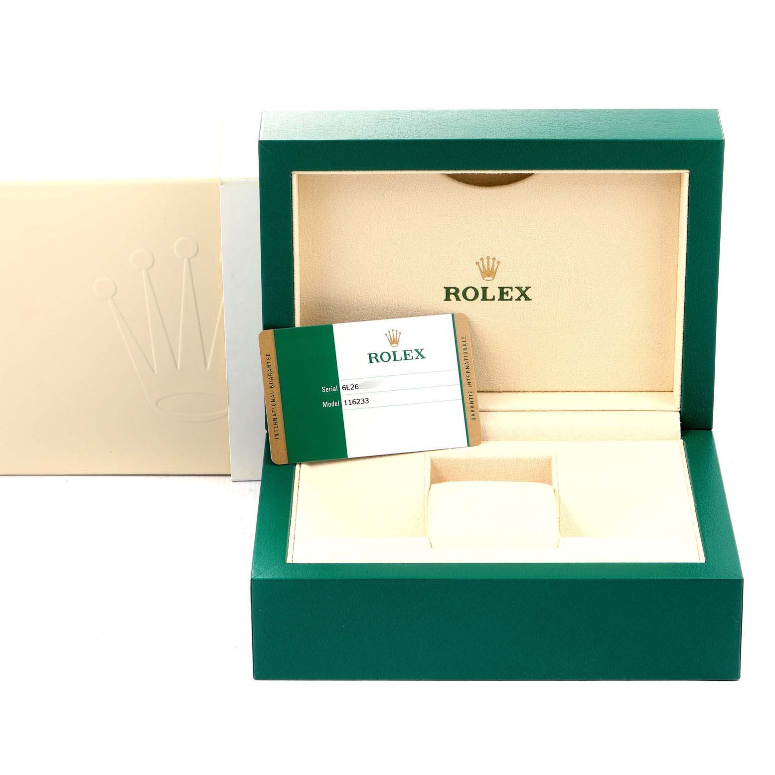 The image shows a Rolex Datejust 116233 Men's Steel and Gold (two tone) Black Dial 116233 Men's Steel and Gold (two tone) Black Dial watch box and warranty card, with the card nestled inside the open box.