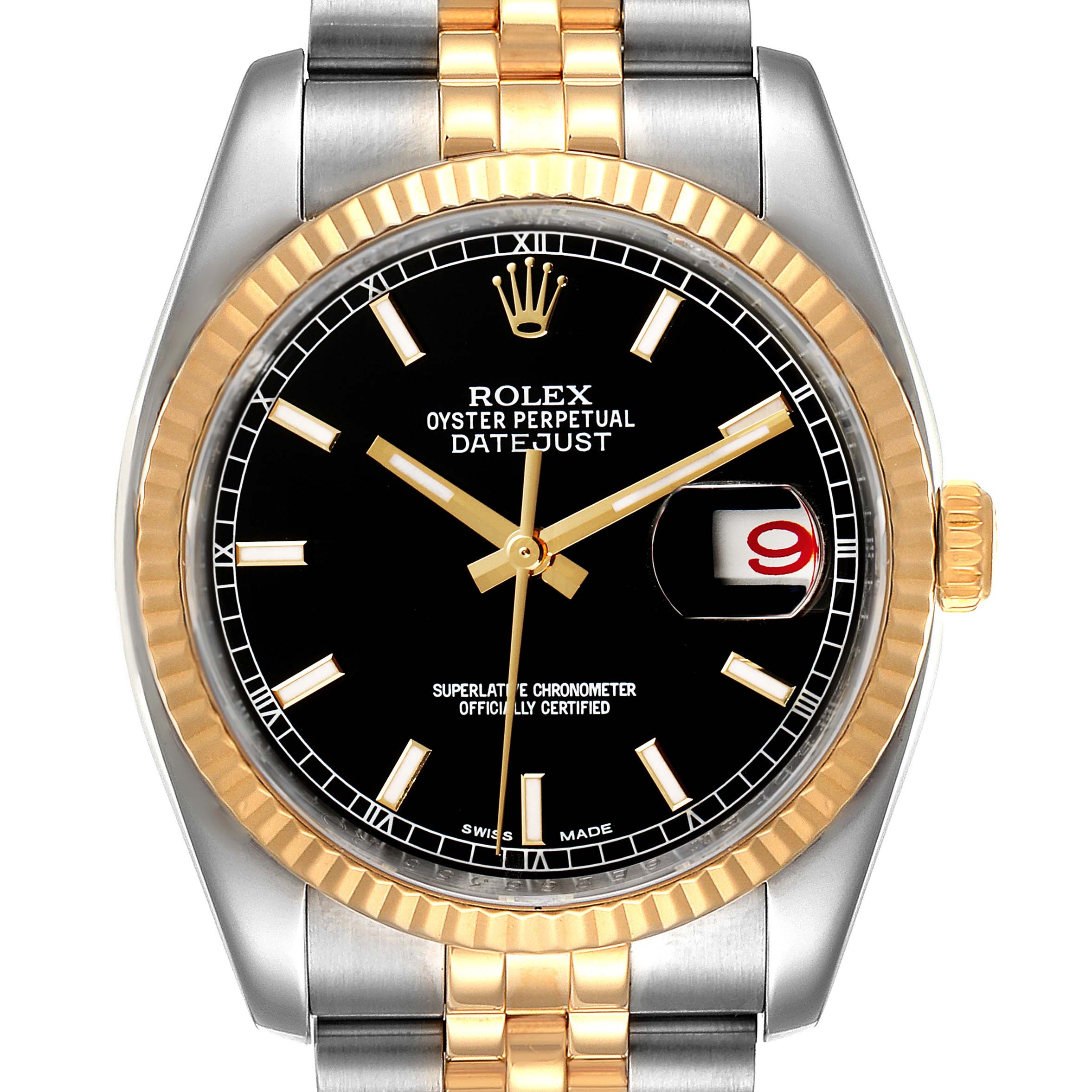 This image shows a front view of the Rolex Datejust 116233 Men's Steel and Gold (two tone) Black Dial 116233 Men's Steel and Gold (two tone) Black Dial watch, featuring a black dial, gold fluted bezel, gold markers, and two-tone bracelet.