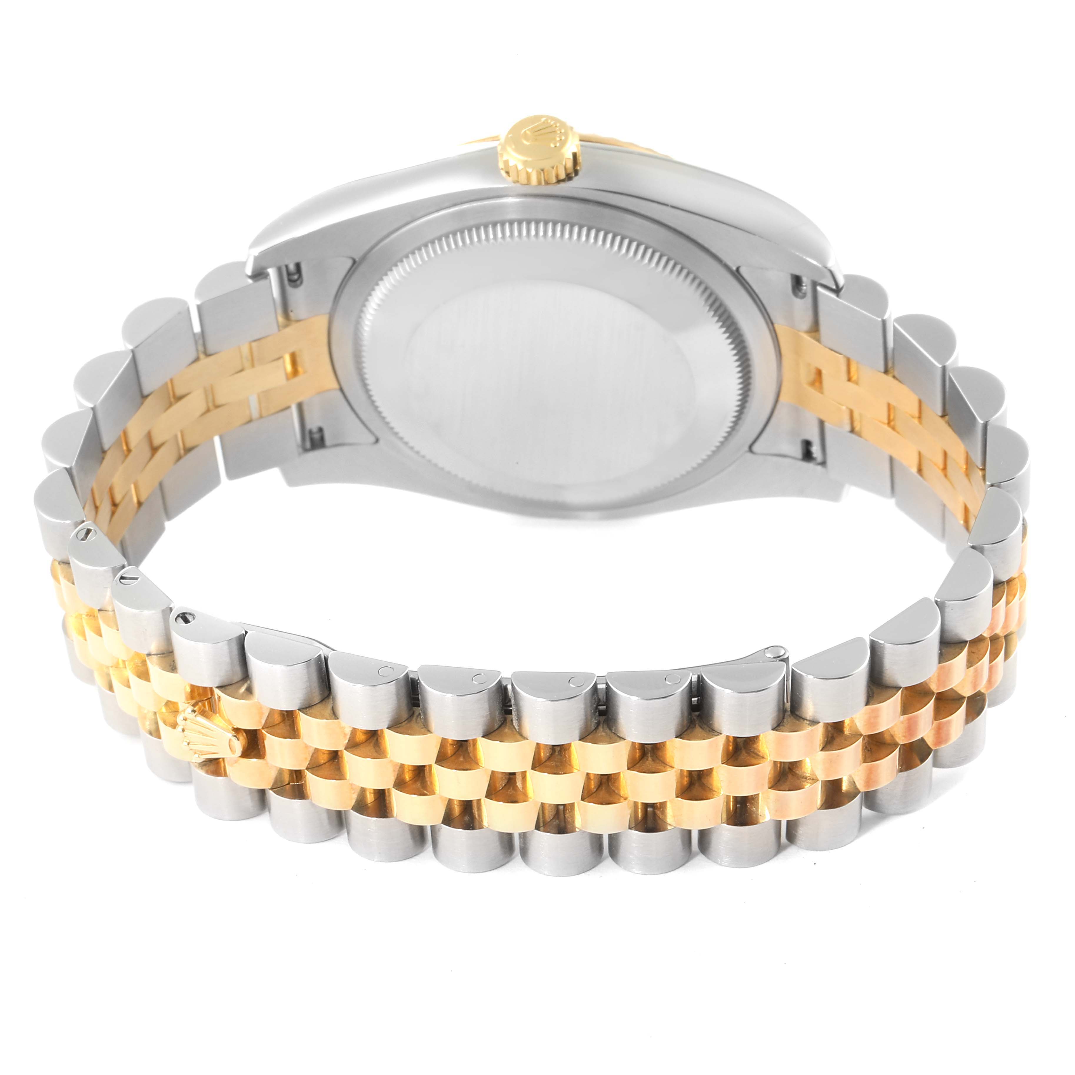 The image displays the back case and the two-tone bracelet of a Rolex Datejust 116233 Men's Steel and Gold (two tone) Black Dial 116233 Men's Steel and Gold (two tone) Black Dial watch from a rear angle.