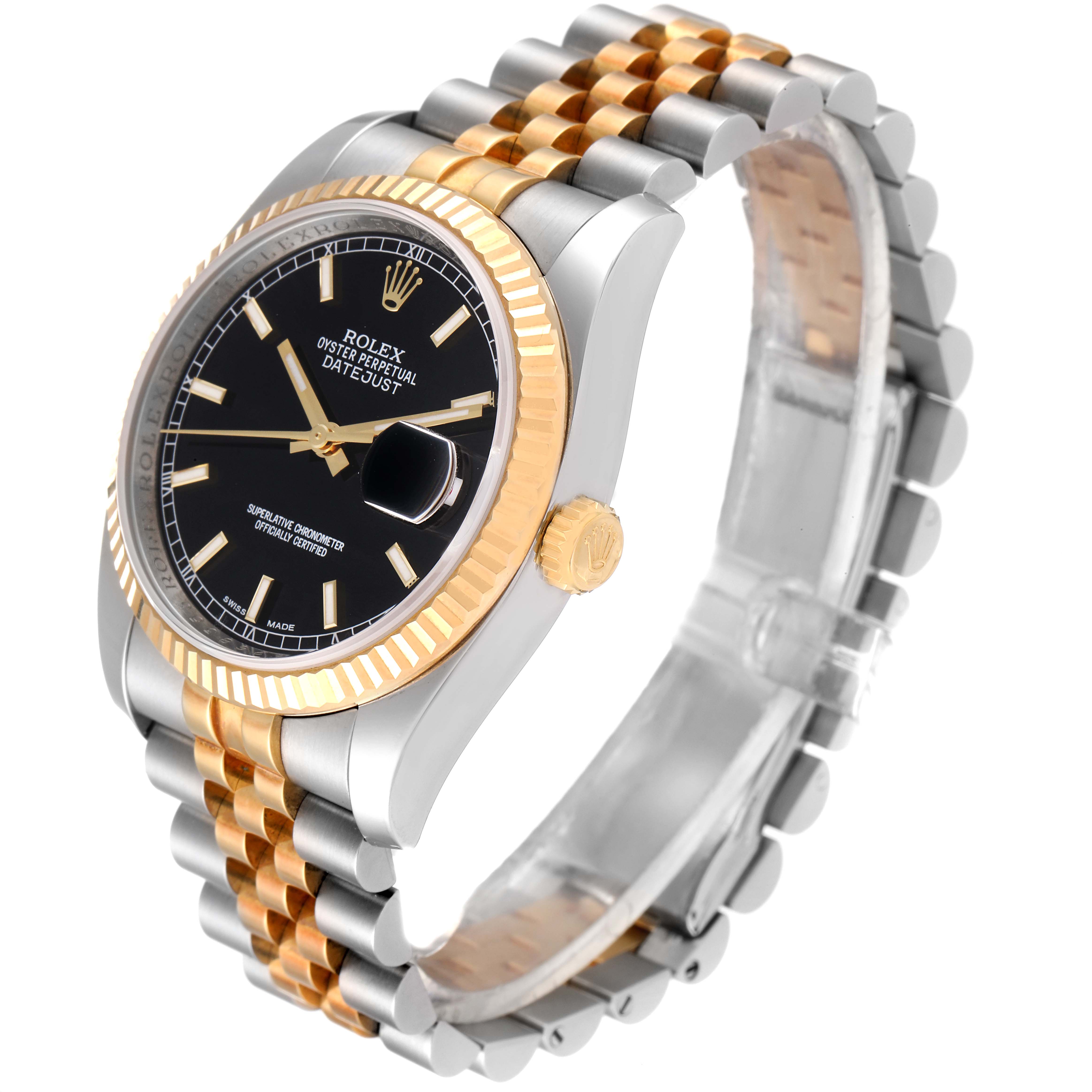 This image of the Rolex Datejust 116233 Men's Steel and Gold (two tone) Black Dial 116233 Men's Steel and Gold (two tone) Black Dial watch shows a side angle, featuring its face, crown, and two-tone bracelet.