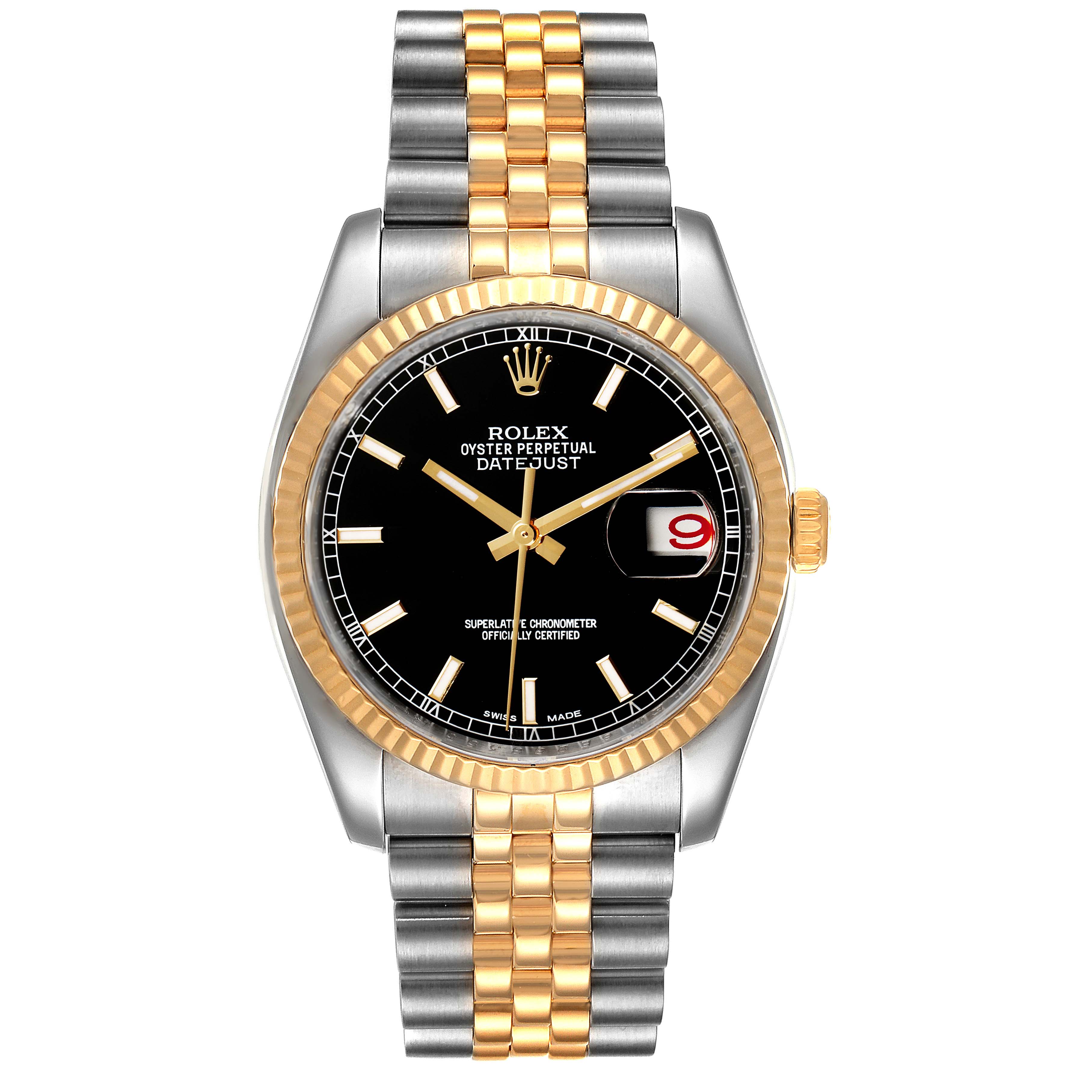 This image shows a Rolex Datejust 116233 Men's Steel and Gold (two tone) Black Dial 116233 Men's Steel and Gold (two tone) Black Dial watch from a front angle with a two-tone metal bracelet and black dial.