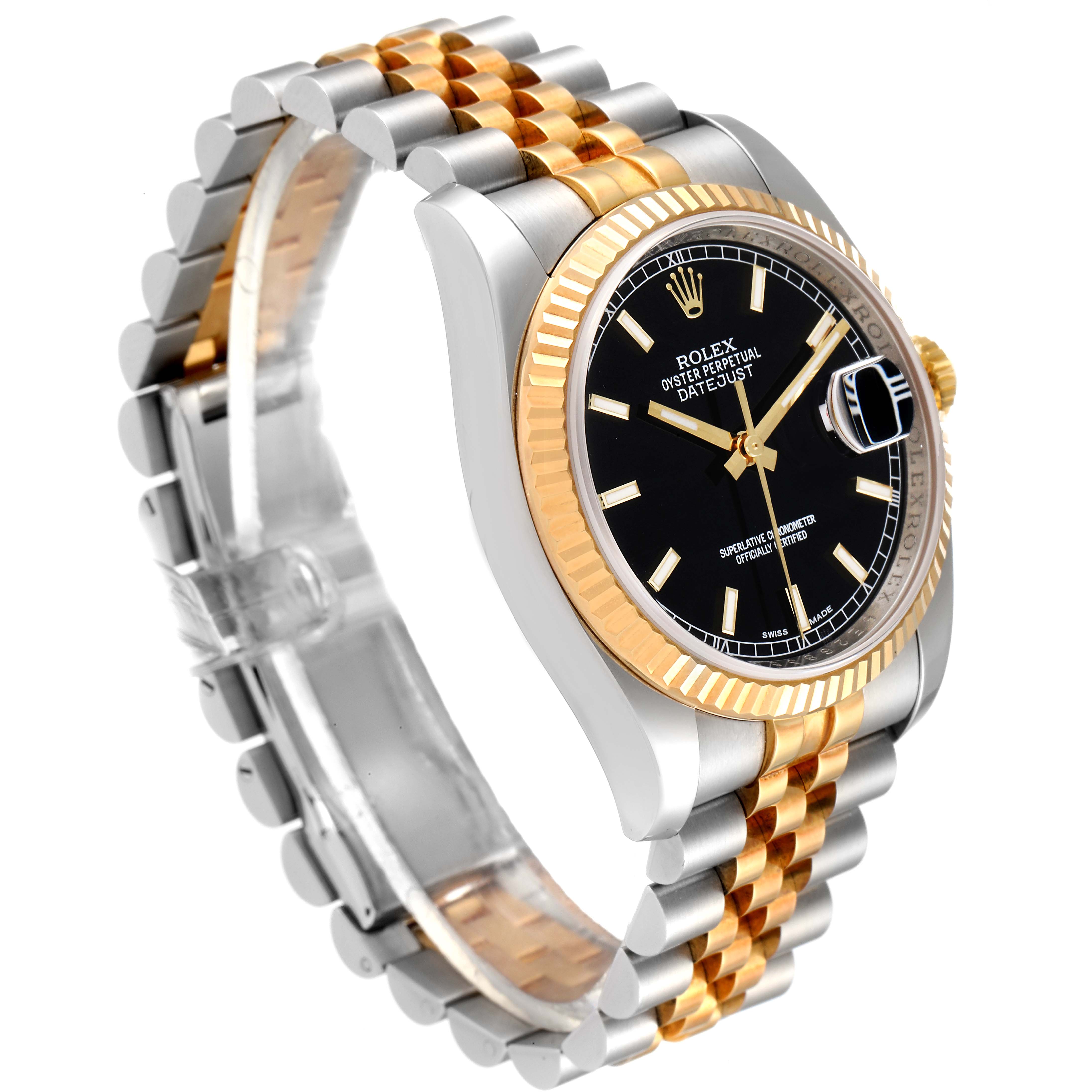 The Rolex Datejust 116233 Men's Steel and Gold (two tone) Black Dial 116233 Men's Steel and Gold (two tone) Black Dial watch is shown at a three-quarter angle, highlighting its black dial, two-tone bracelet, and fluted bezel.