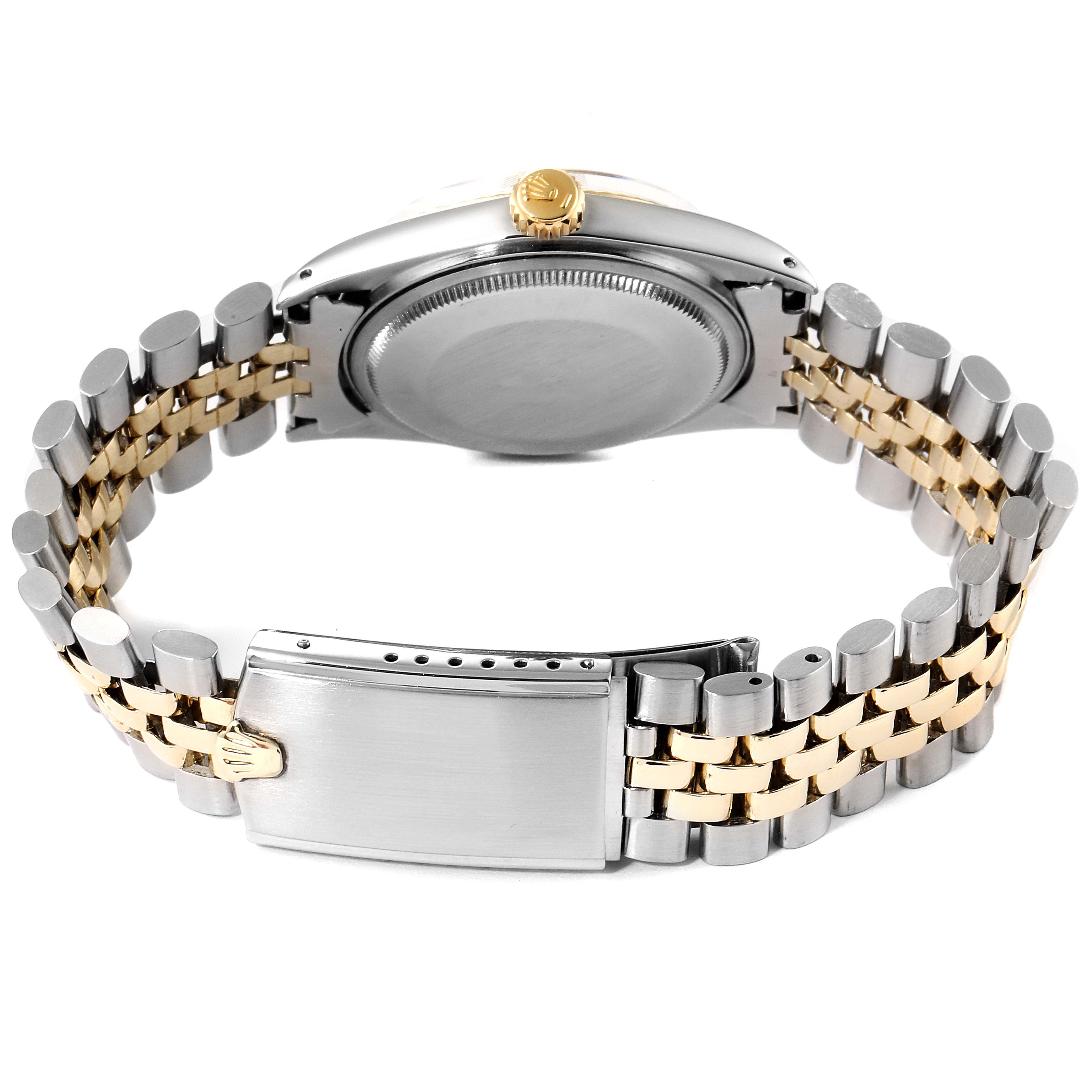 The image shows the backside and folded clasp of a Rolex Vintage Collection 1601 Men's Steel and Gold (two tone) Blue Dial 1601 Men's Steel and Gold (two tone) Blue Dial watch, highlighting its two-tone bracelet.