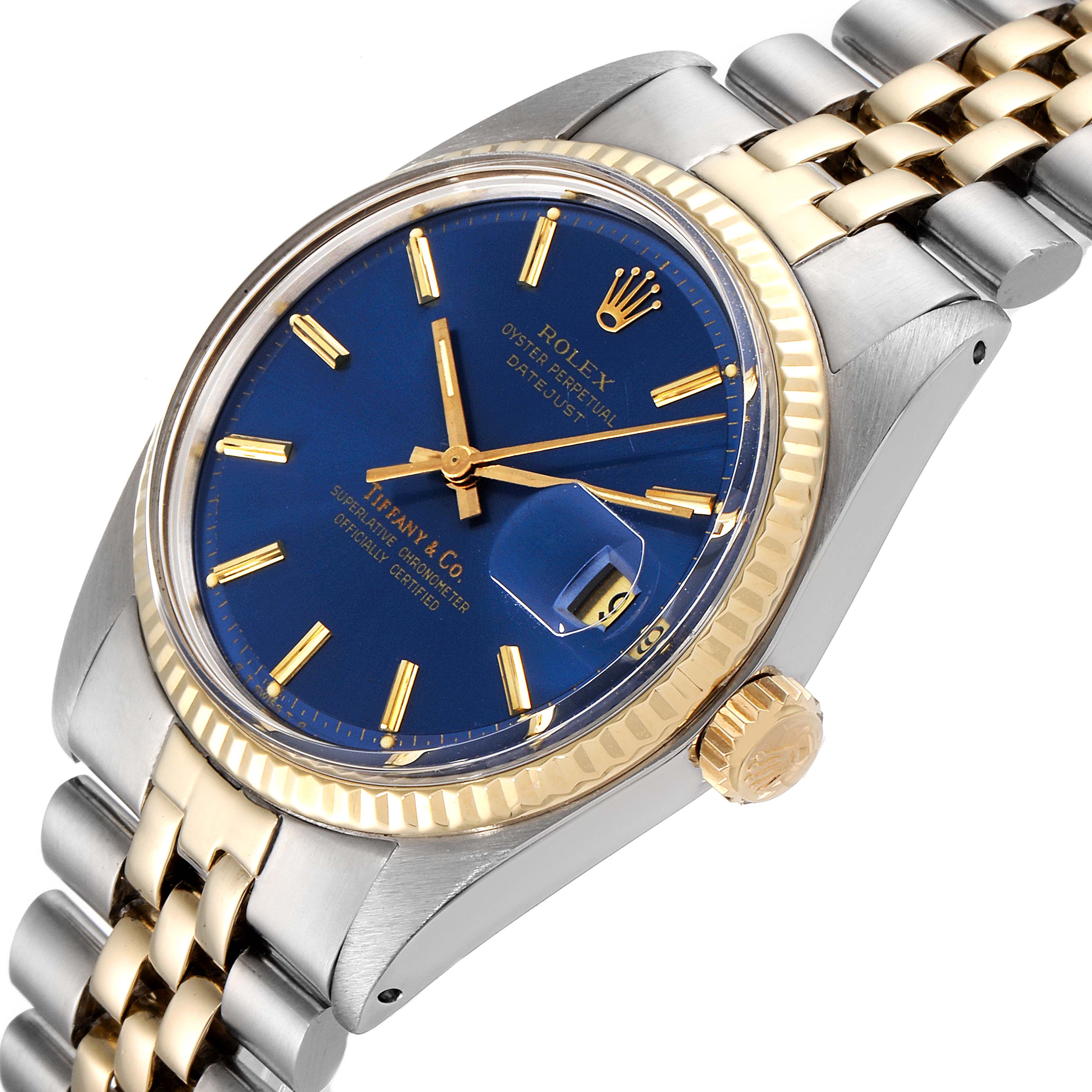 The image shows a close-up of a Rolex Vintage Collection 1601 Men's Steel and Gold (two tone) Blue Dial 1601 Men's Steel and Gold (two tone) Blue Dial watch featuring a blue dial, gold accents, and a two-tone bracelet.