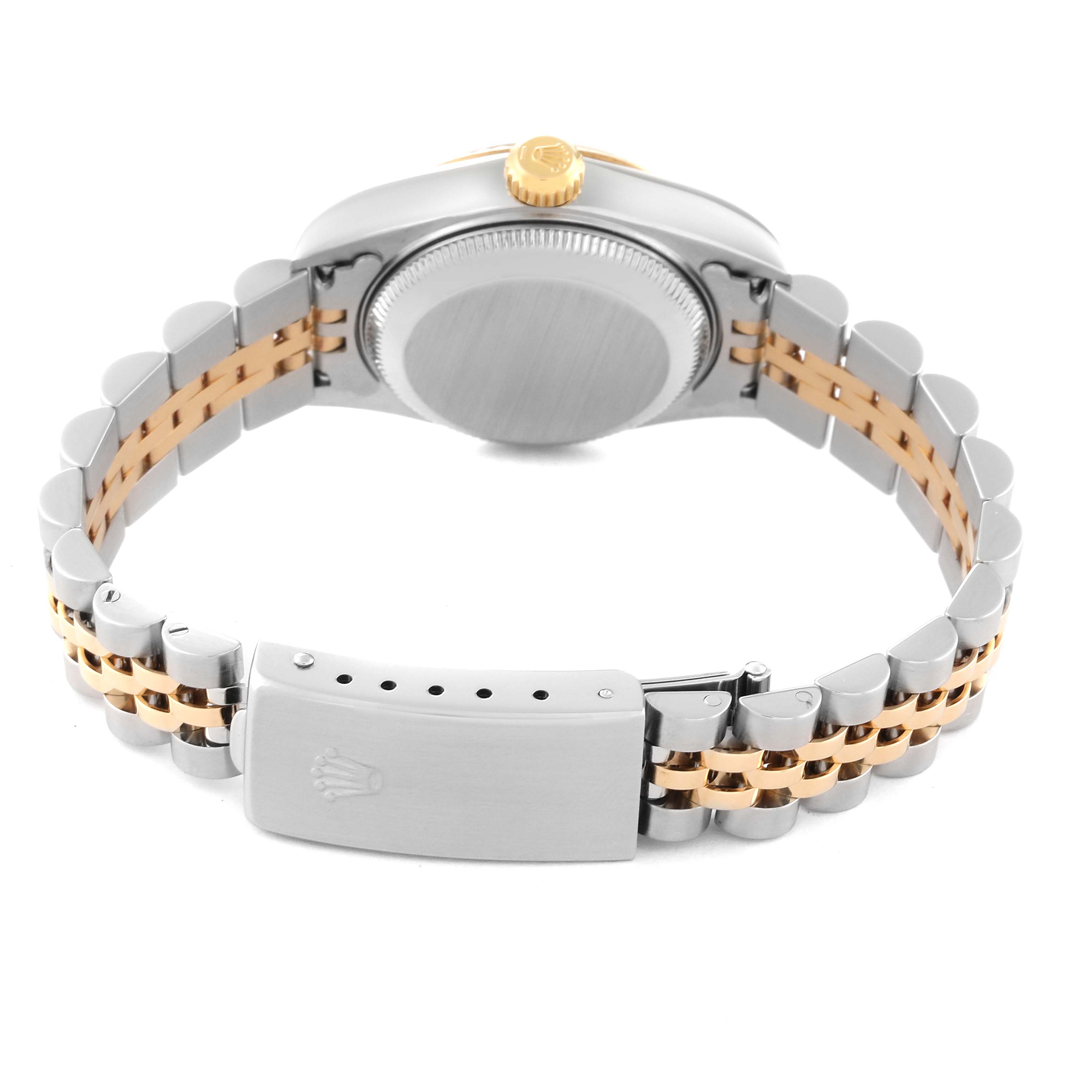 The image shows the back view of a Rolex Datejust 79173 Women's Steel and Gold (two tone) Champagne Dial 79173 Women's Steel and Gold (two tone) Champagne Dial watch, highlighting the case back, crown, and Jubilee bracelet with a clasp.