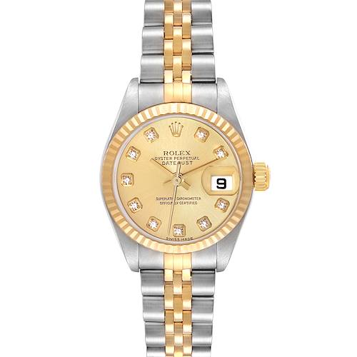 The image shows a Rolex Datejust watch from a front angle, featuring a gold and silver bracelet, gold dial, and a date display.