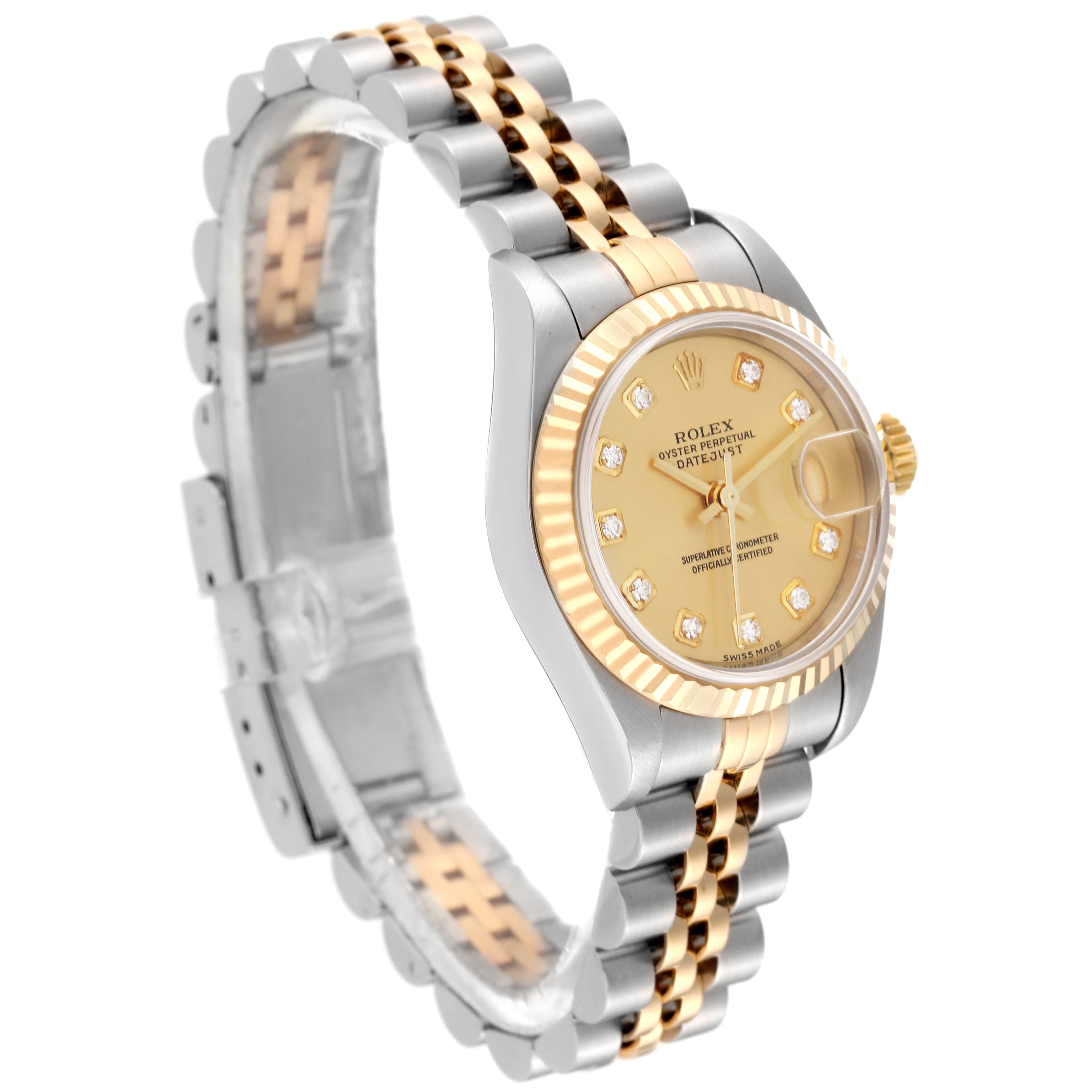 The image shows a side angle of a Rolex Datejust 79173 Women's Steel and Gold (two tone) Champagne Dial 79173 Women's Steel and Gold (two tone) Champagne Dial watch, highlighting its two-tone bracelet, fluted bezel, and champagne-colored dial.