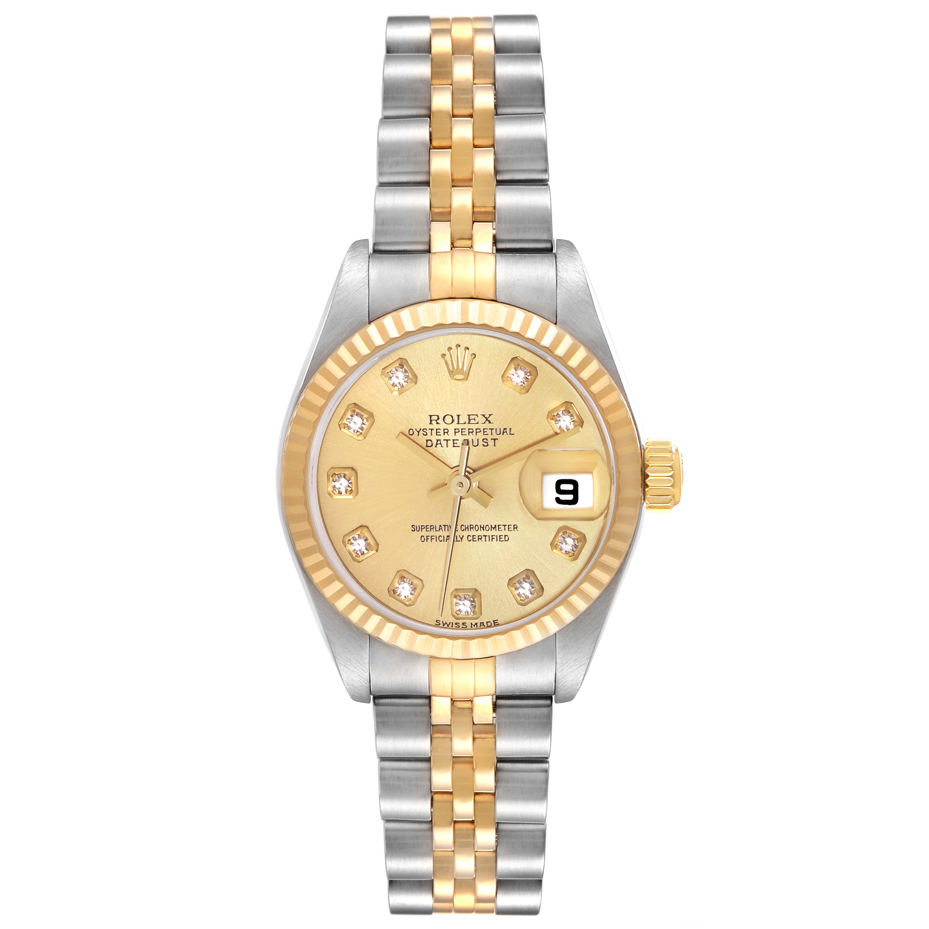 This Rolex Datejust 79173 Women's Steel and Gold (two tone) Champagne Dial 79173 Women's Steel and Gold (two tone) Champagne Dial model is shown from a top-down angle displaying the dial, crown, and bi-metal bracelet.