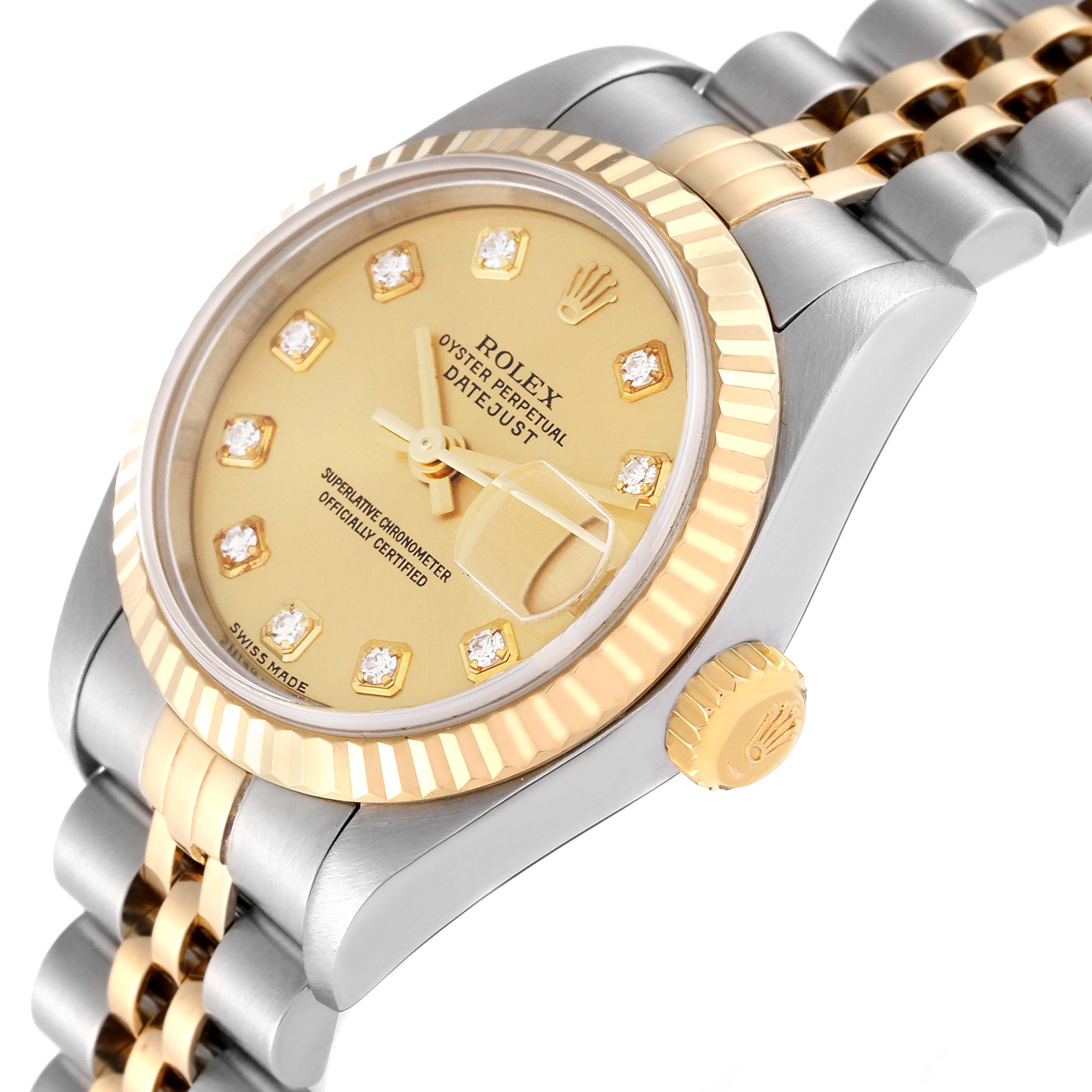 The image shows a close-up of a Rolex Datejust 79173 Women's Steel and Gold (two tone) Champagne Dial 79173 Women's Steel and Gold (two tone) Champagne Dial watch, highlighting the dial, case, crown, and part of the bracelet.
