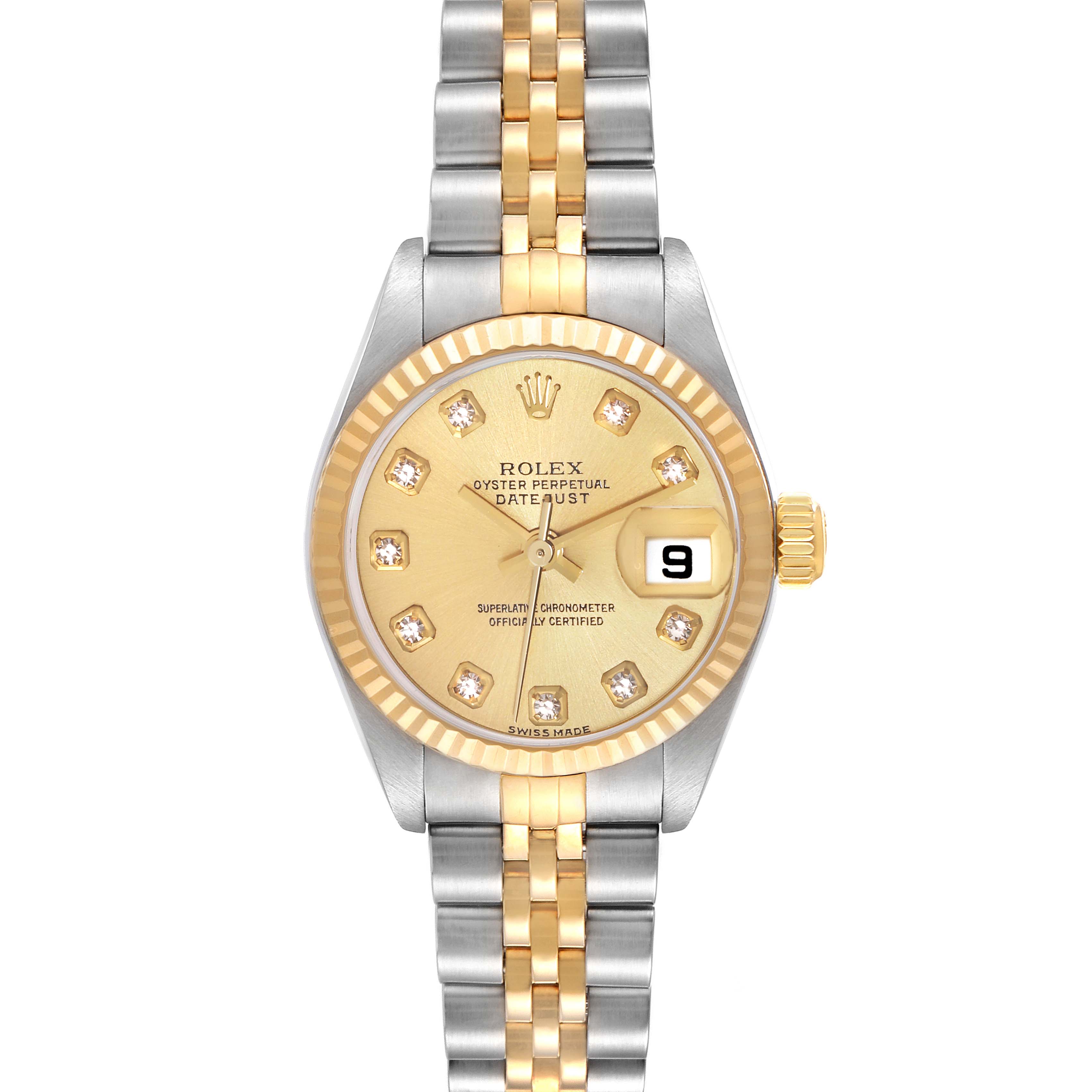 This image shows a front view of the Rolex Datejust 79173 Women's Steel and Gold (two tone) Champagne Dial 79173 Women's Steel and Gold (two tone) Champagne Dial watch, highlighting the dial, bracelet, bezel, and date window.