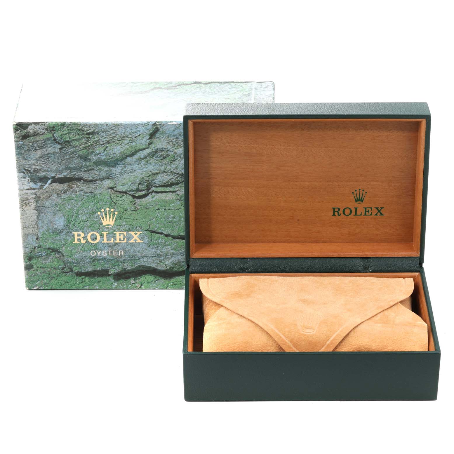 This image shows the packaging, including the outer box and inner case, for a Rolex Datejust 16233 Men's Steel and Gold (two tone) Champagne Dial 16233 Men's Steel and Gold (two tone) Champagne Dial watch.