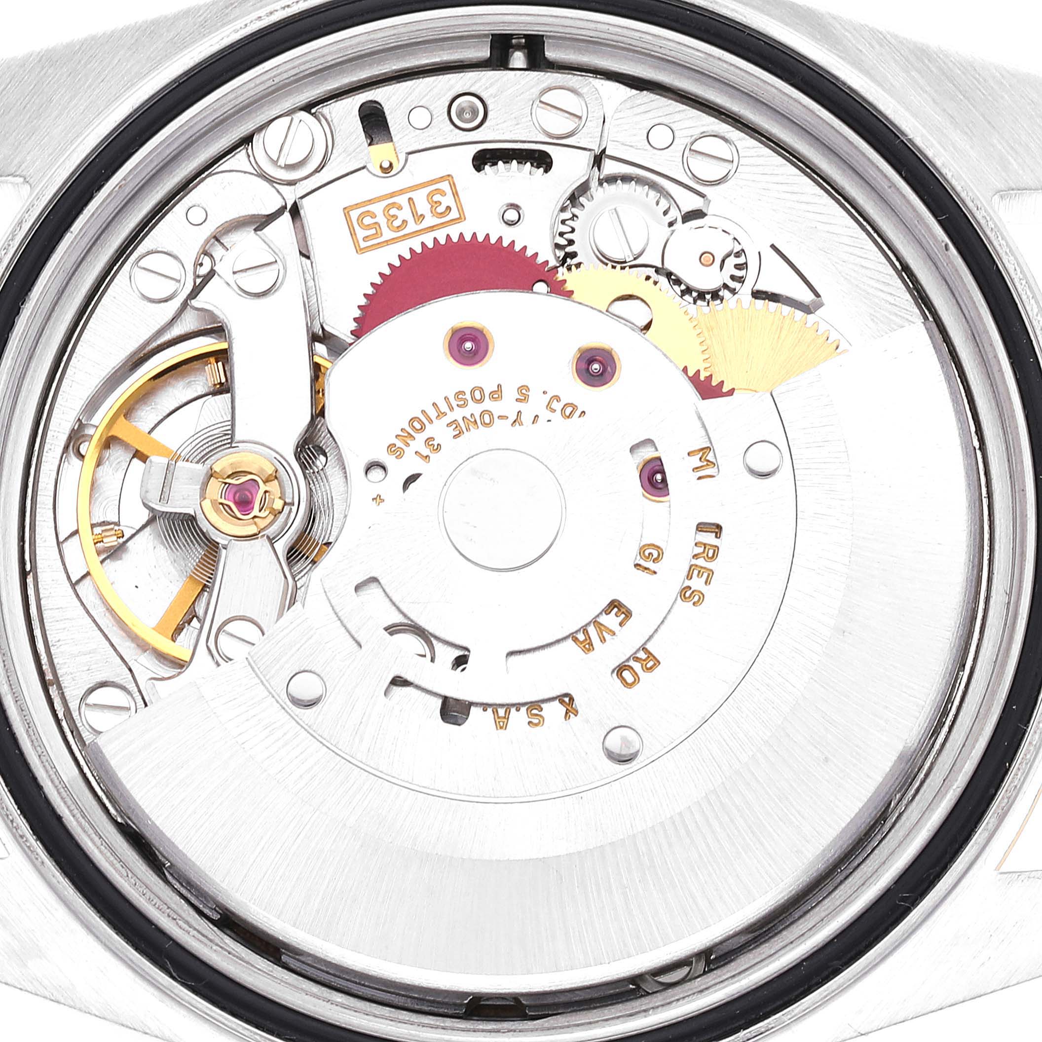This image shows an up-close view of the movement mechanism inside a Rolex Datejust 16233 Men's Steel and Gold (two tone) Champagne Dial 16233 Men's Steel and Gold (two tone) Champagne Dial watch.