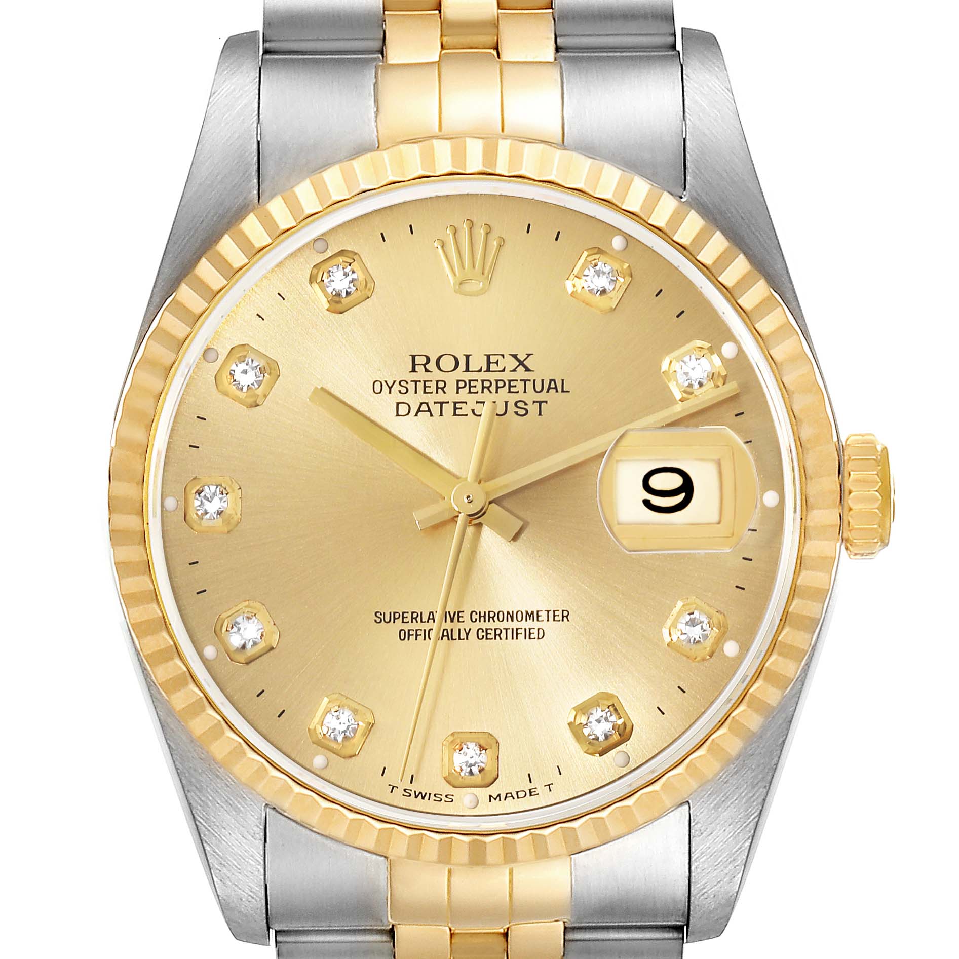 The image shows a front angle of the Rolex Datejust 16233 Men's Steel and Gold (two tone) Champagne Dial 16233 Men's Steel and Gold (two tone) Champagne Dial watch, highlighting its gold dial, date window, and two-tone bracelet.