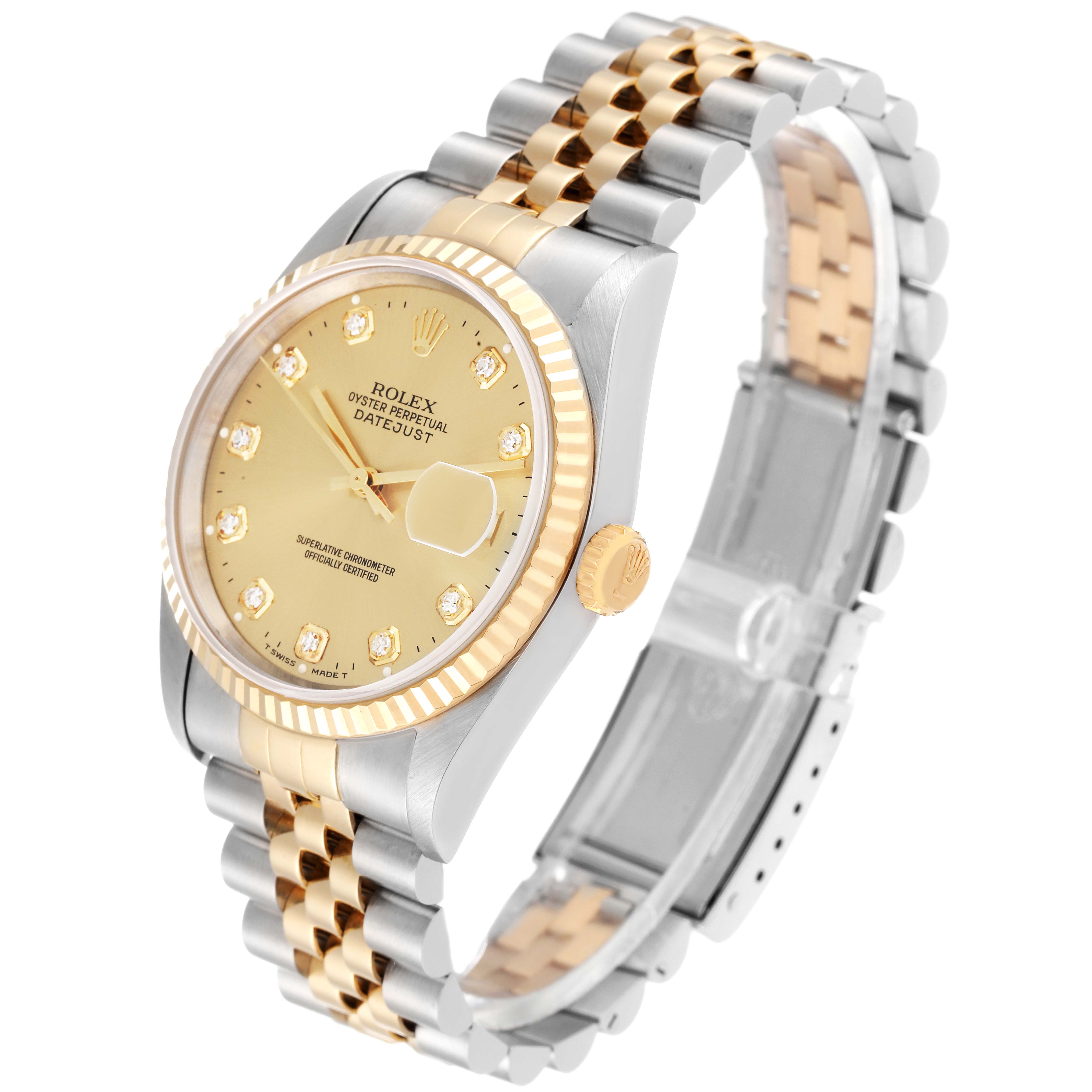 This image shows a Rolex Datejust 16233 Men's Steel and Gold (two tone) Champagne Dial 16233 Men's Steel and Gold (two tone) Champagne Dial watch angled to display the dial, bezel, crown, and two-tone bracelet.