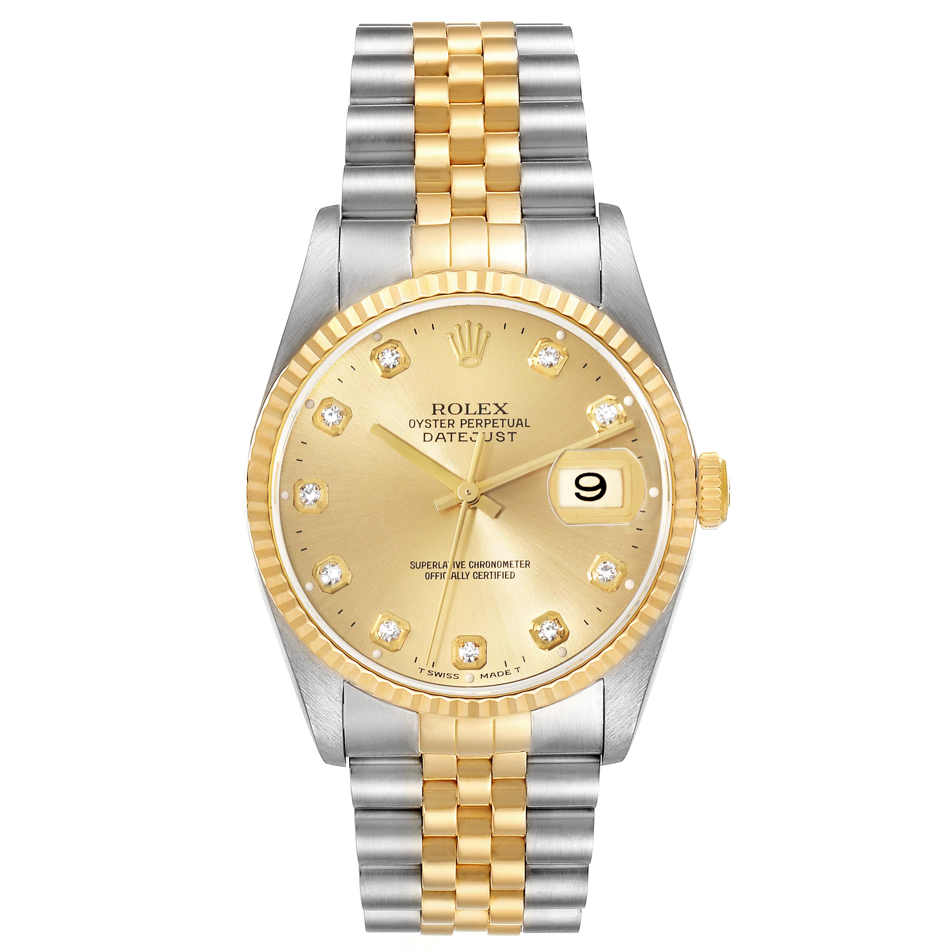 The Rolex Datejust 16233 Men's Steel and Gold (two tone) Champagne Dial 16233 Men's Steel and Gold (two tone) Champagne Dial watch is shown from the front, featuring its dial, bezel, and Jubilee bracelet in two-tone gold and silver.