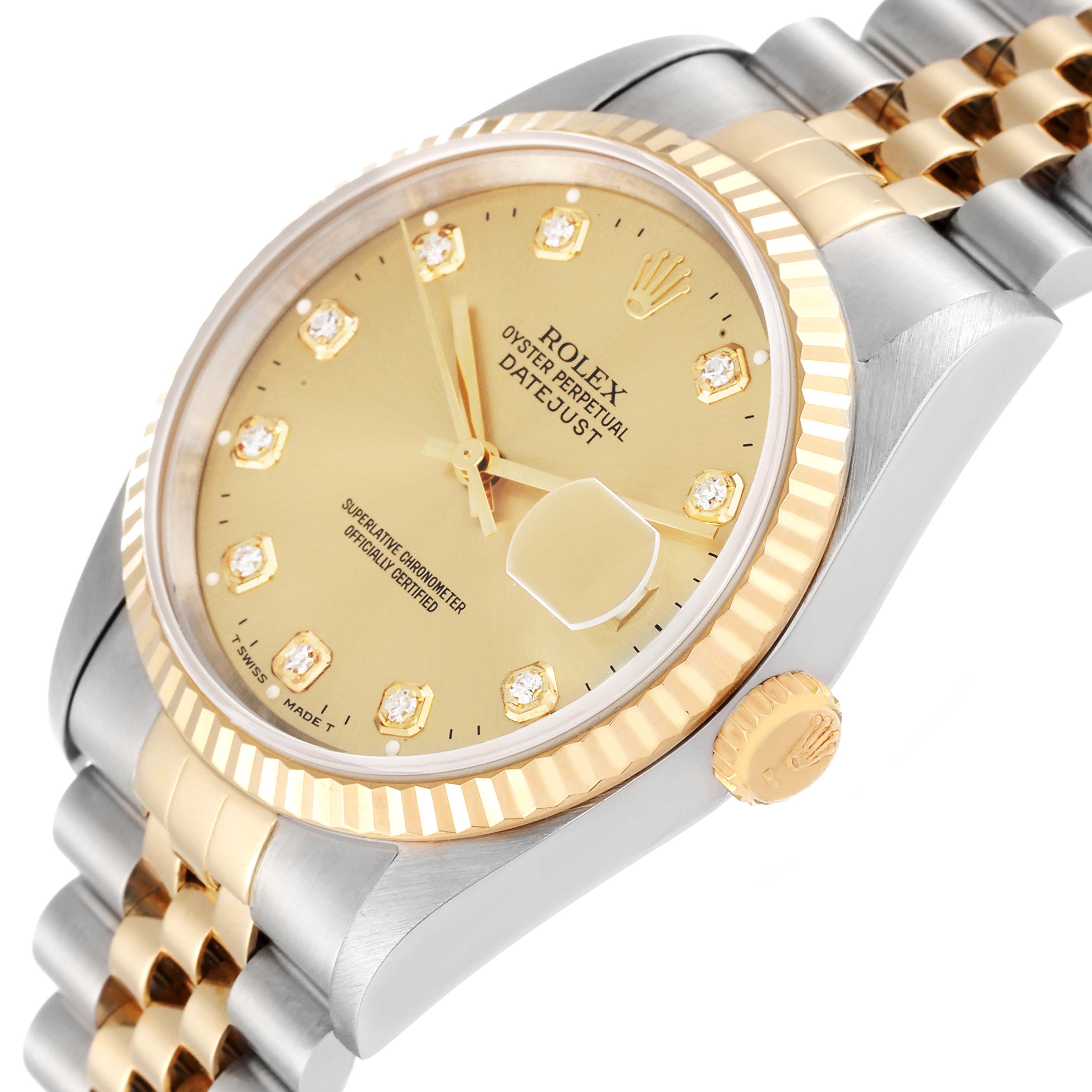 This image shows a close-up angled view of a Rolex Datejust 16233 Men's Steel and Gold (two tone) Champagne Dial 16233 Men's Steel and Gold (two tone) Champagne Dial watch, highlighting its dial, bezel, and bracelet.