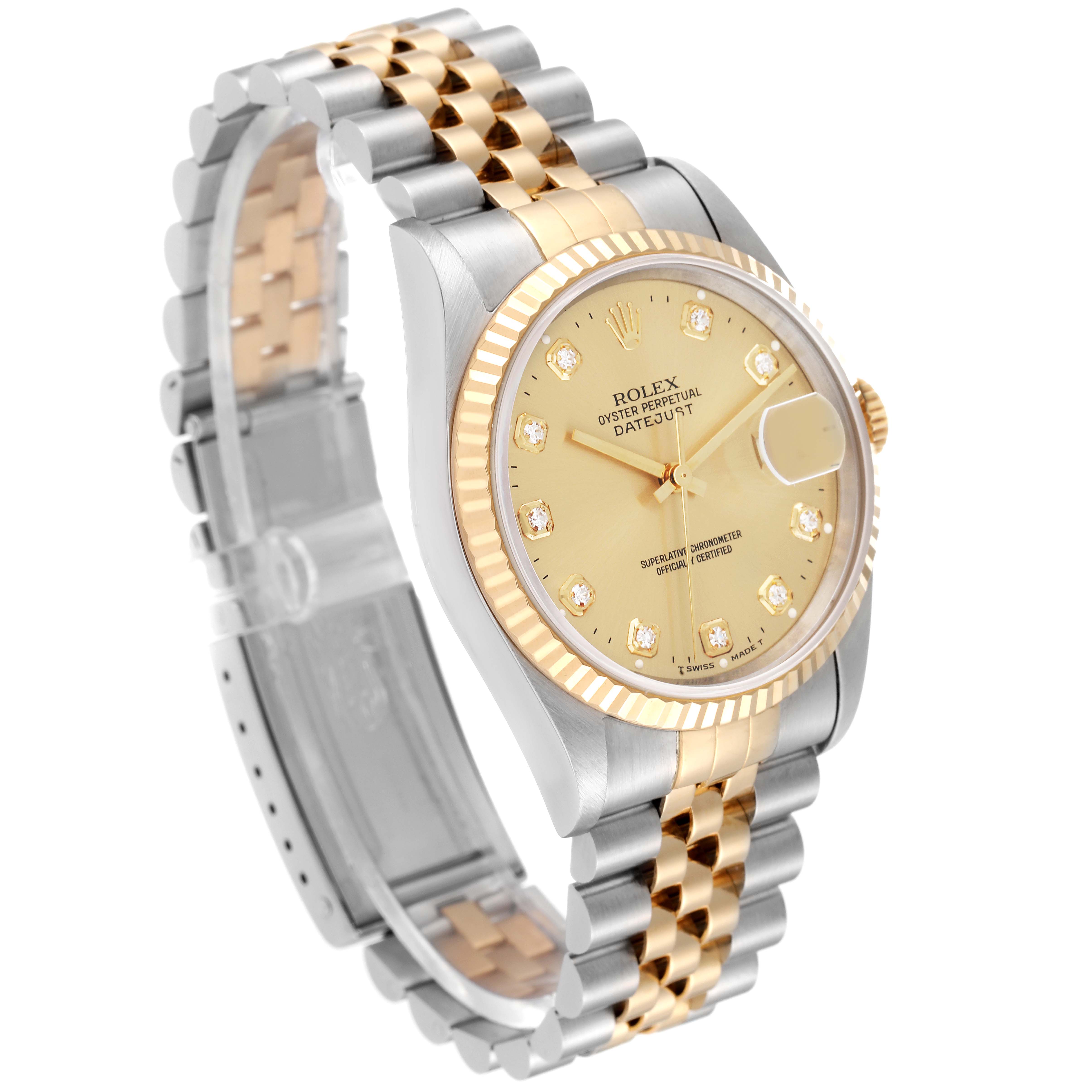 This Rolex Datejust 16233 Men's Steel and Gold (two tone) Champagne Dial 16233 Men's Steel and Gold (two tone) Champagne Dial watch is shown at a three-quarter angle, featuring its dial, bezel, crown, and two-tone bracelet.