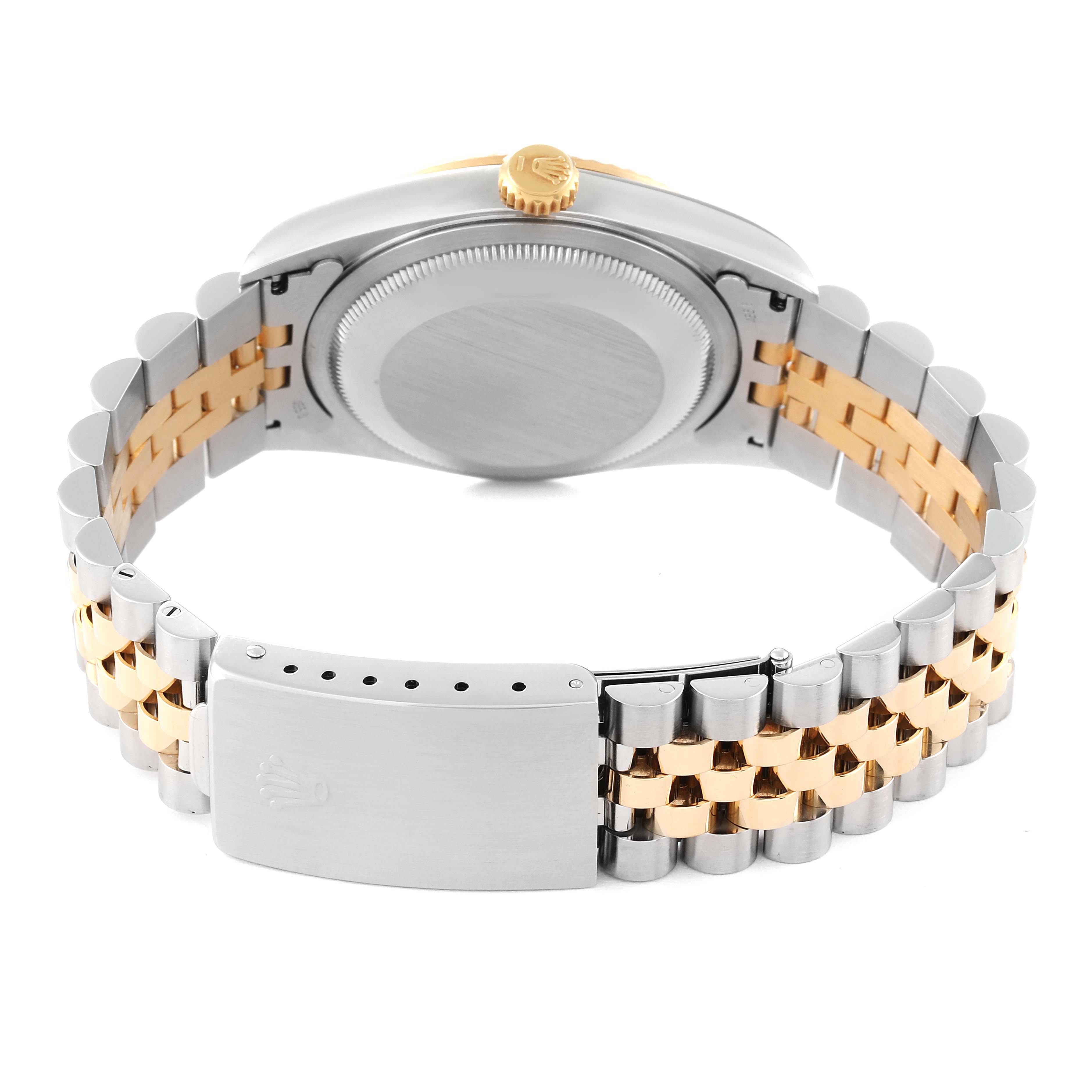 This image shows the back view of a Rolex Datejust 16233 Men's Steel and Gold (two tone) Champagne Dial 16233 Men's Steel and Gold (two tone) Champagne Dial watch, highlighting the case back, crown, and two-tone Jubilee bracelet with clasp.