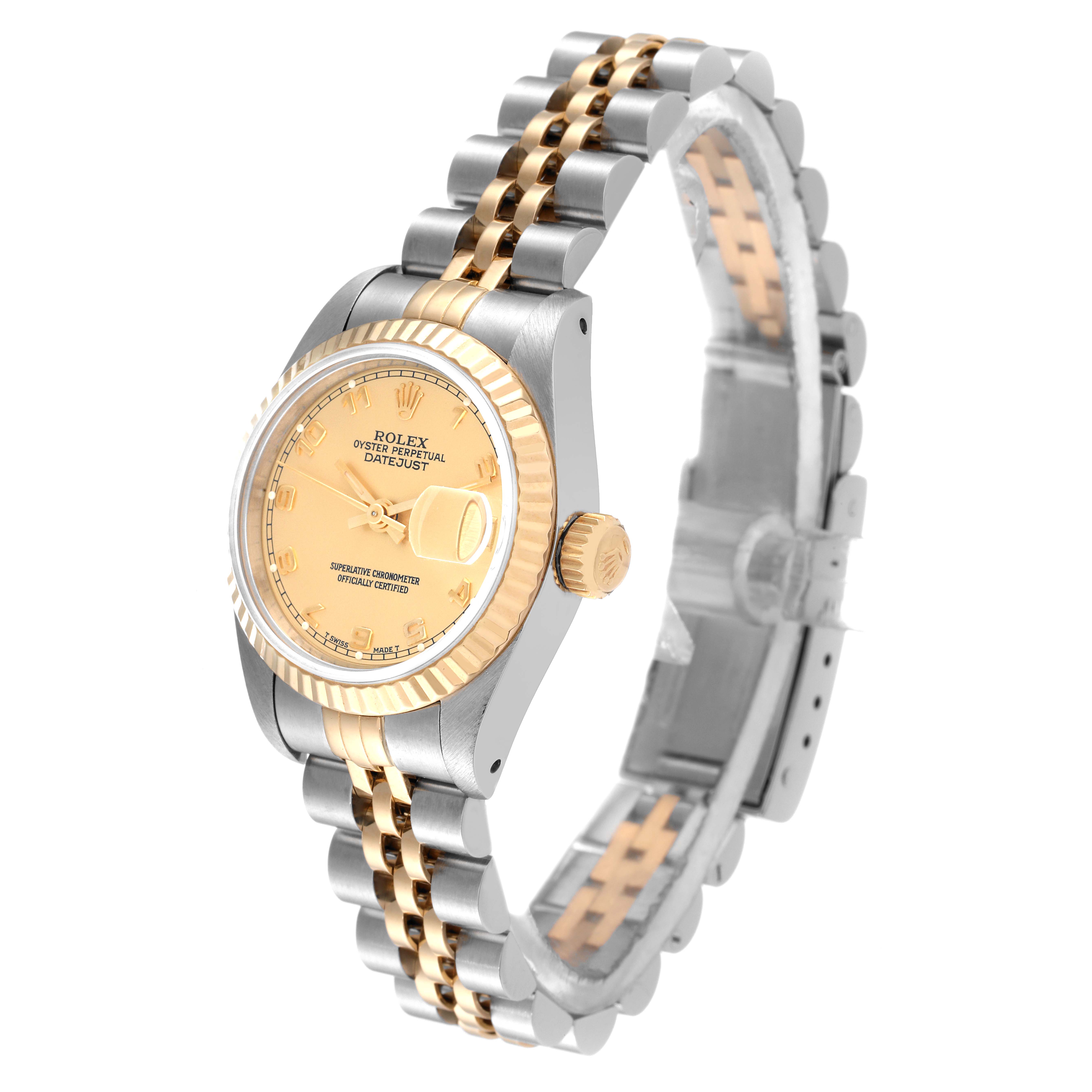 The Rolex Datejust 69173 Women's Steel and Gold (two tone) Champagne Dial 69173 Women's Steel and Gold (two tone) Champagne Dial watch is shown at an angled side view, featuring the face, bezel, crown, and bracelet.