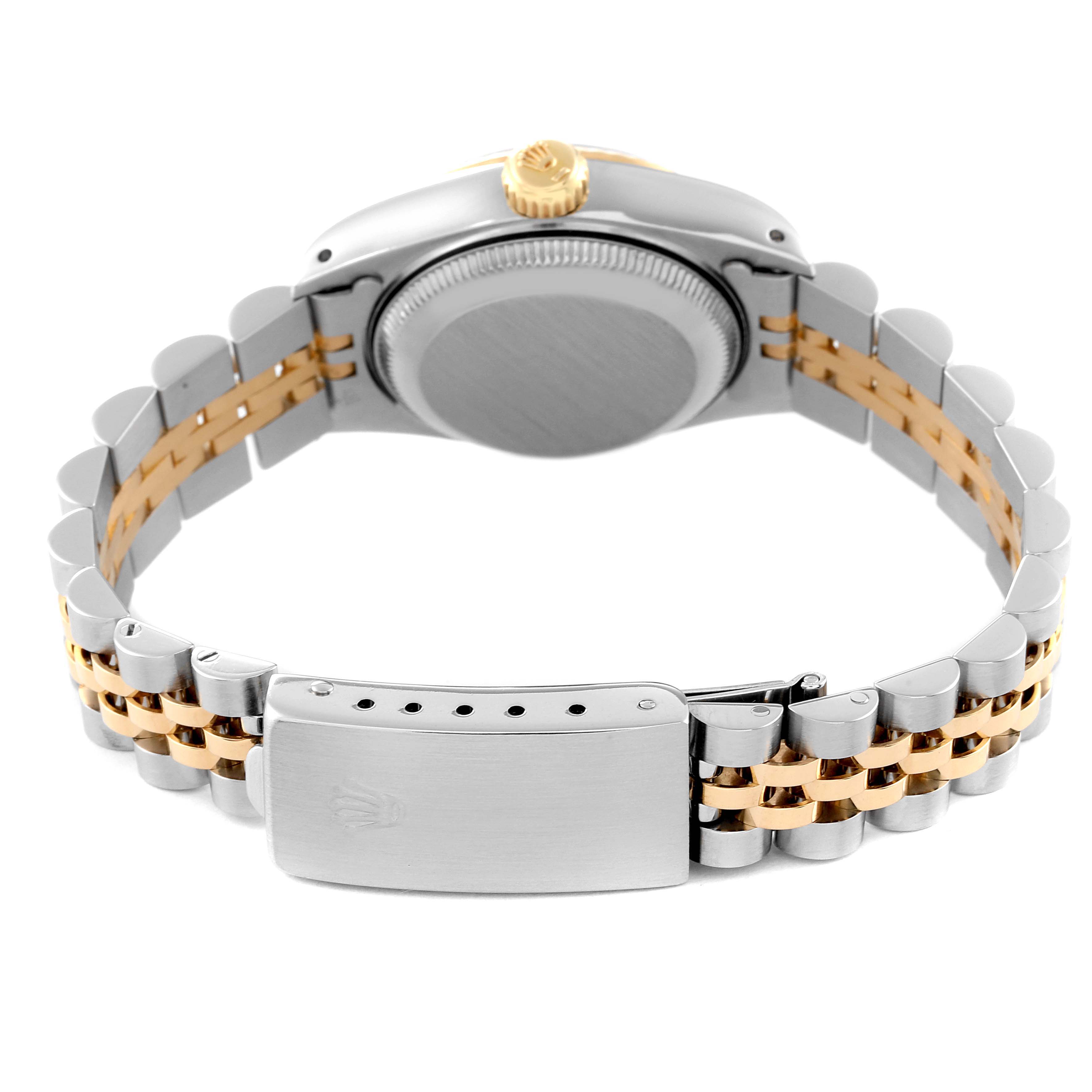 This image shows the back view of a Rolex Datejust 69173 Women's Steel and Gold (two tone) Champagne Dial 69173 Women's Steel and Gold (two tone) Champagne Dial watch, highlighting its bracelet and clasp.
