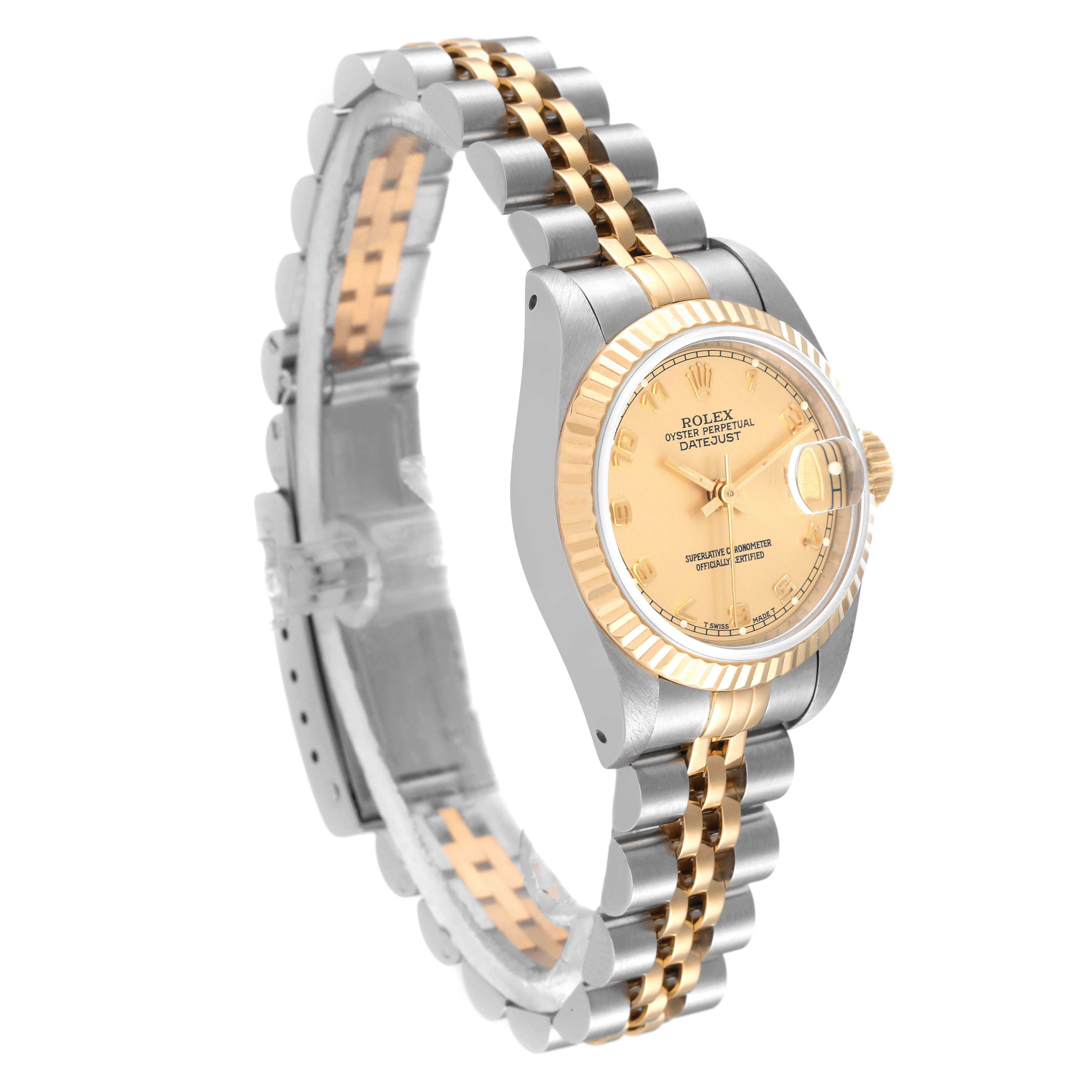 The image shows a Rolex Datejust 69173 Women's Steel and Gold (two tone) Champagne Dial 69173 Women's Steel and Gold (two tone) Champagne Dial watch at a slight side angle, highlighting the dial, bezel, case, and bracelet.