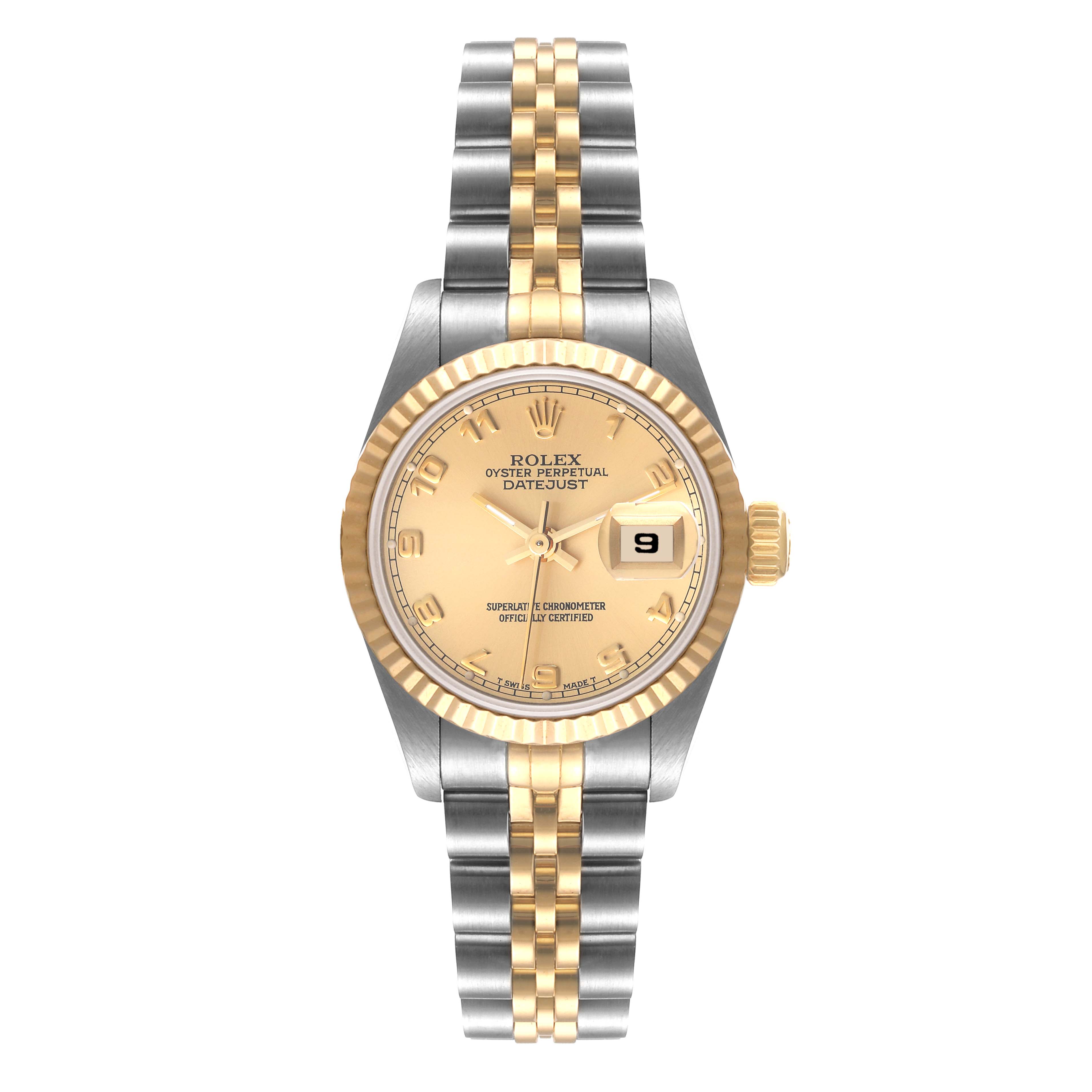 The image shows a front view of a Rolex Datejust 69173 Women's Steel and Gold (two tone) Champagne Dial 69173 Women's Steel and Gold (two tone) Champagne Dial watch with a two-tone bracelet, gold bezel, and champagne dial.