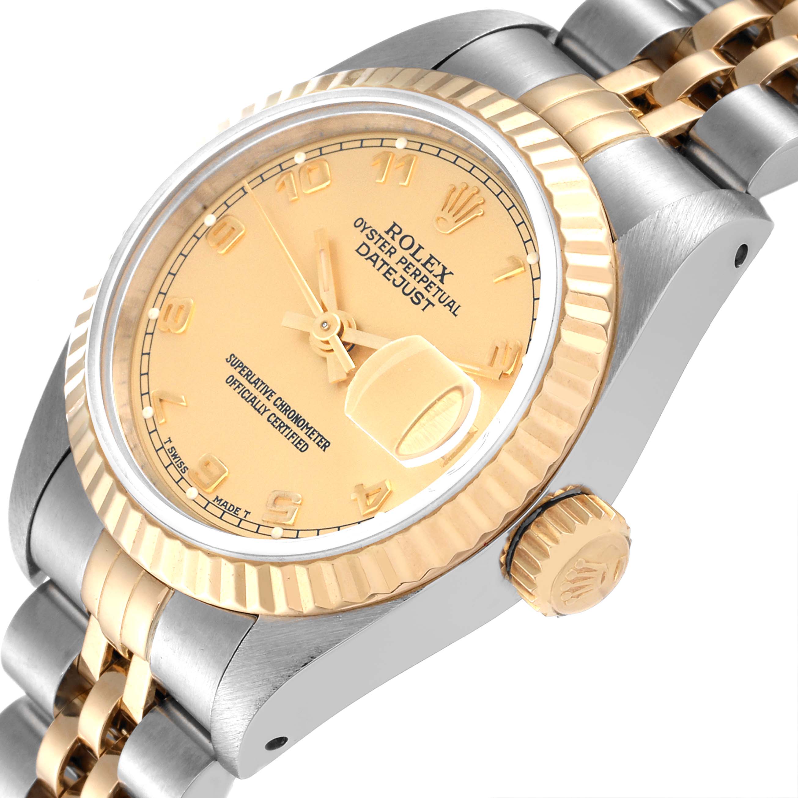 This image shows a Rolex Datejust 69173 Women's Steel and Gold (two tone) Champagne Dial 69173 Women's Steel and Gold (two tone) Champagne Dial watch at an oblique angle, highlighting its face, crown, and bracelet.