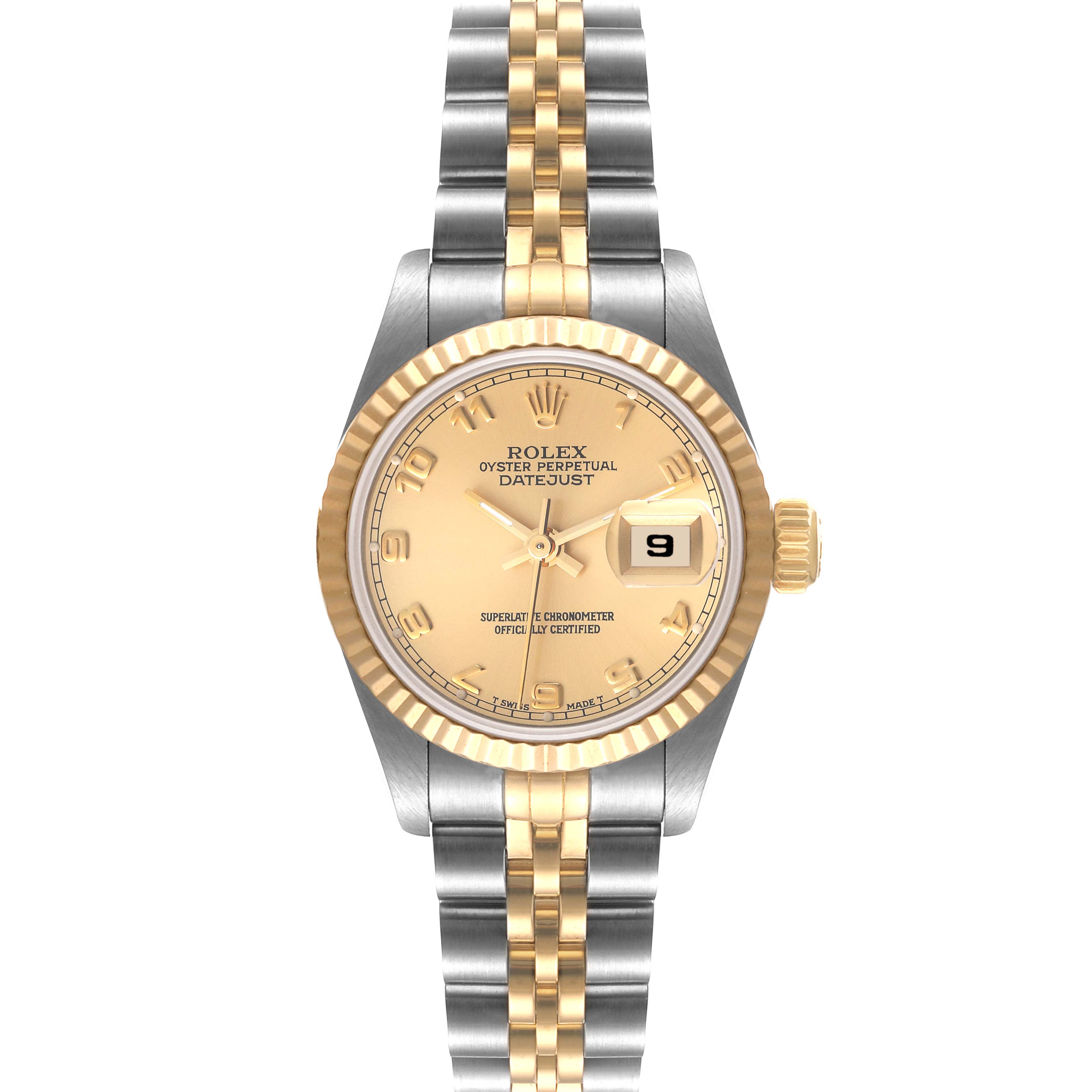 This image shows a front view of a Rolex Datejust 69173 Women's Steel and Gold (two tone) Champagne Dial 69173 Women's Steel and Gold (two tone) Champagne Dial watch featuring a two-tone bracelet, fluted bezel, and date magnifier.