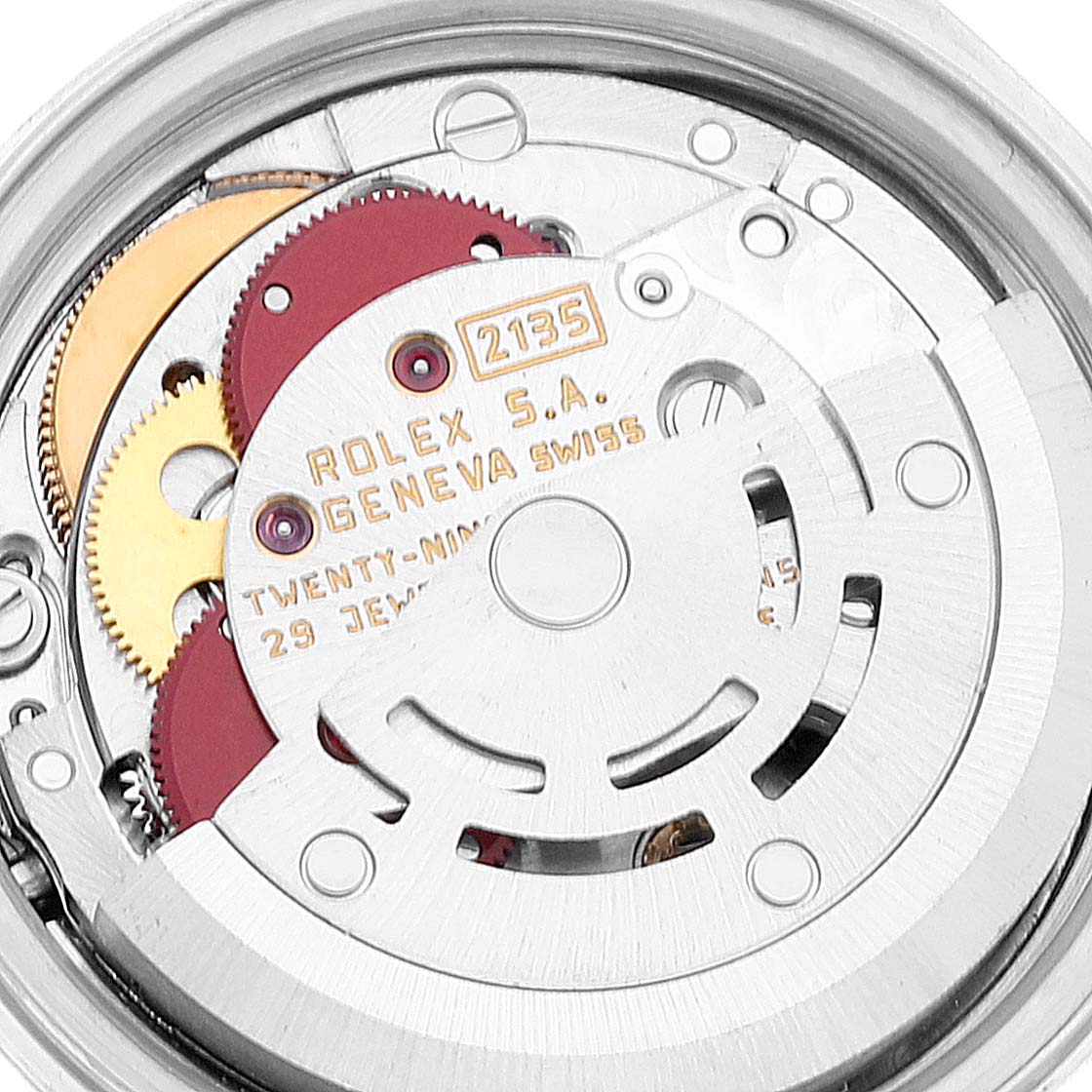 This image shows the internal mechanism and gears of a Rolex Datejust 69173 Women's Steel and Gold (two tone) Champagne Dial 69173 Women's Steel and Gold (two tone) Champagne Dial watch model from an overhead angle.