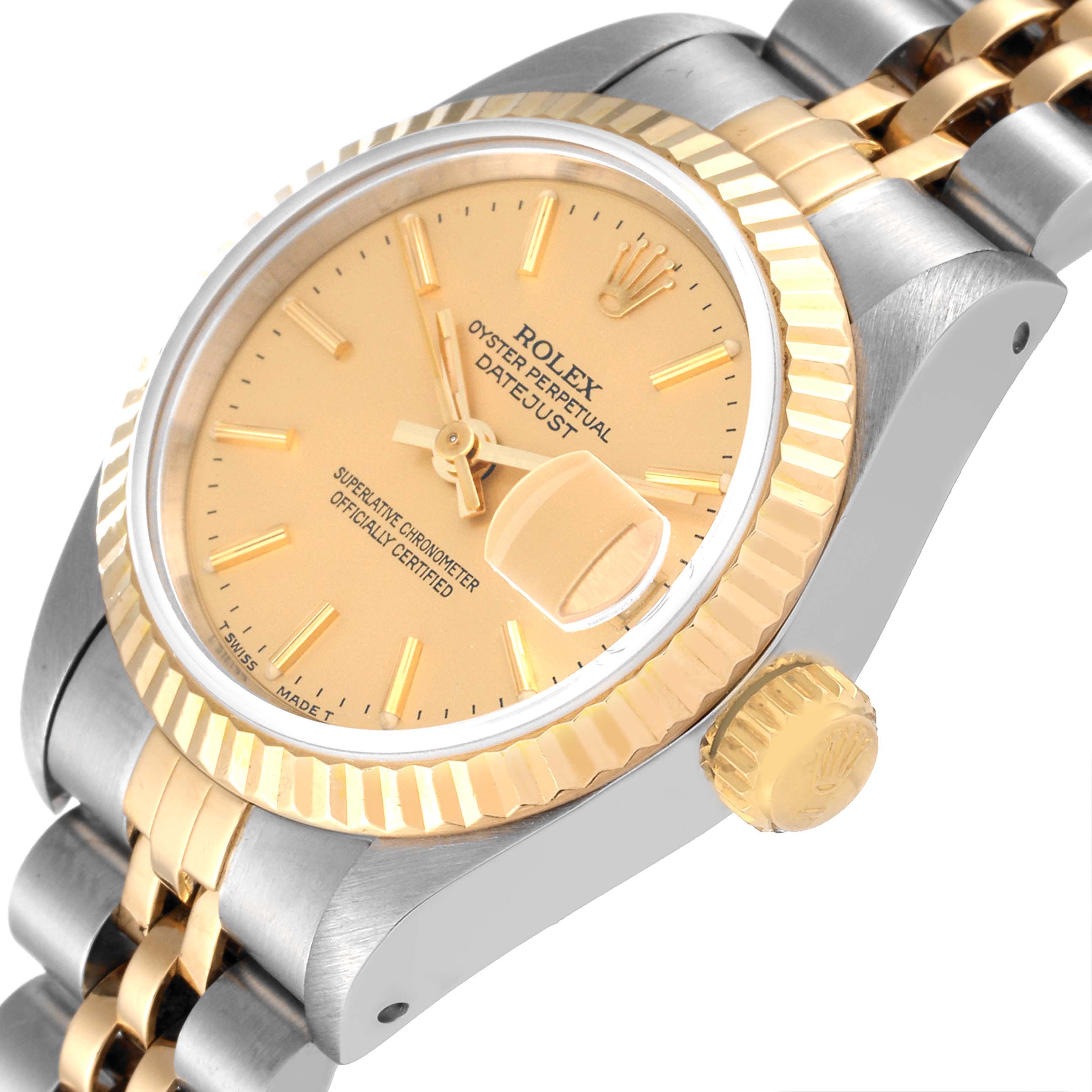 The image shows a Rolex Datejust 69173 Women's Steel and Gold (two tone) Champagne Dial 69173 Women's Steel and Gold (two tone) Champagne Dial watch at an oblique angle, highlighting the face, fluted bezel, crown, and two-tone bracelet.