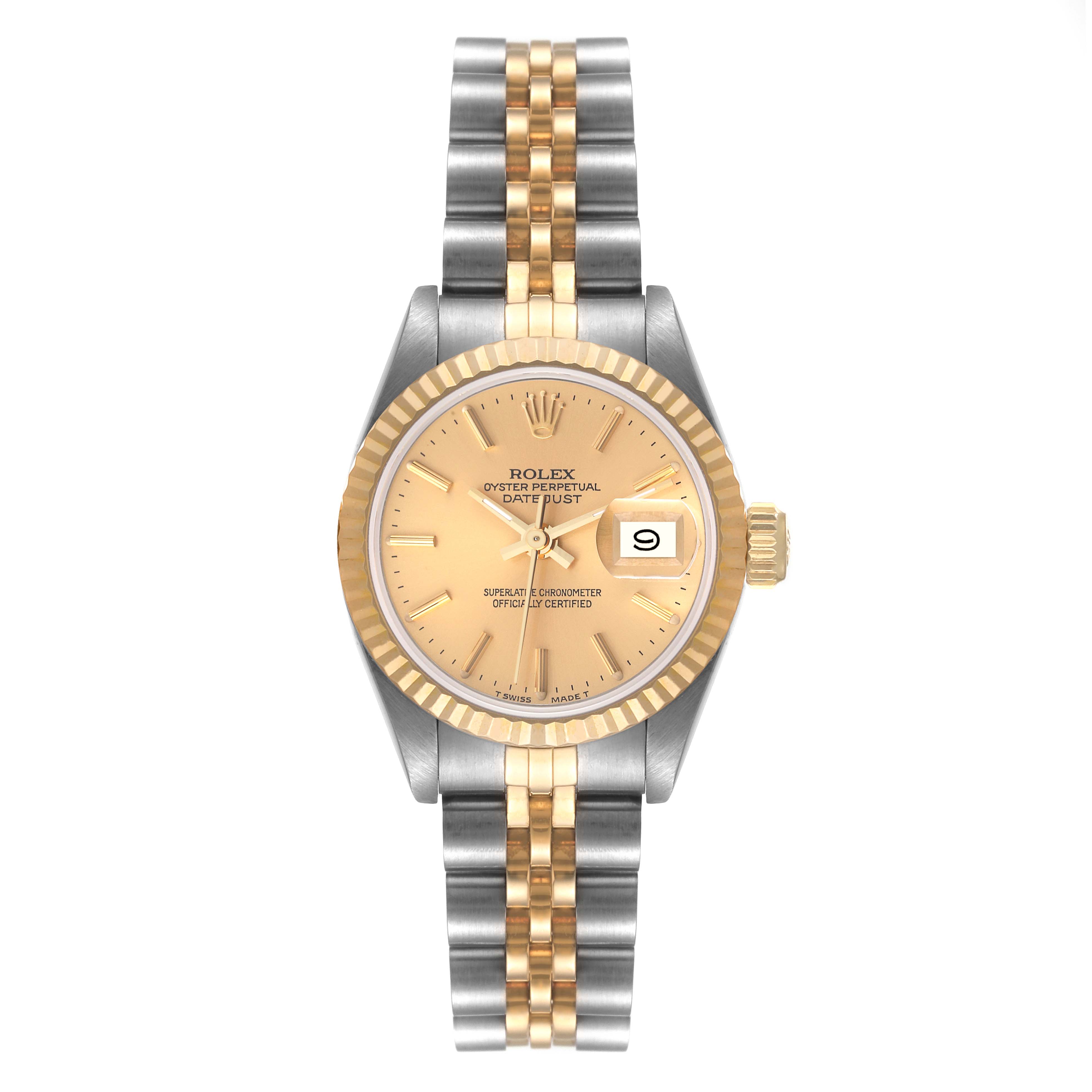 This image shows a front view of a Rolex Datejust 69173 Women's Steel and Gold (two tone) Champagne Dial 69173 Women's Steel and Gold (two tone) Champagne Dial watch, highlighting the dial, bezel, and bracelet.