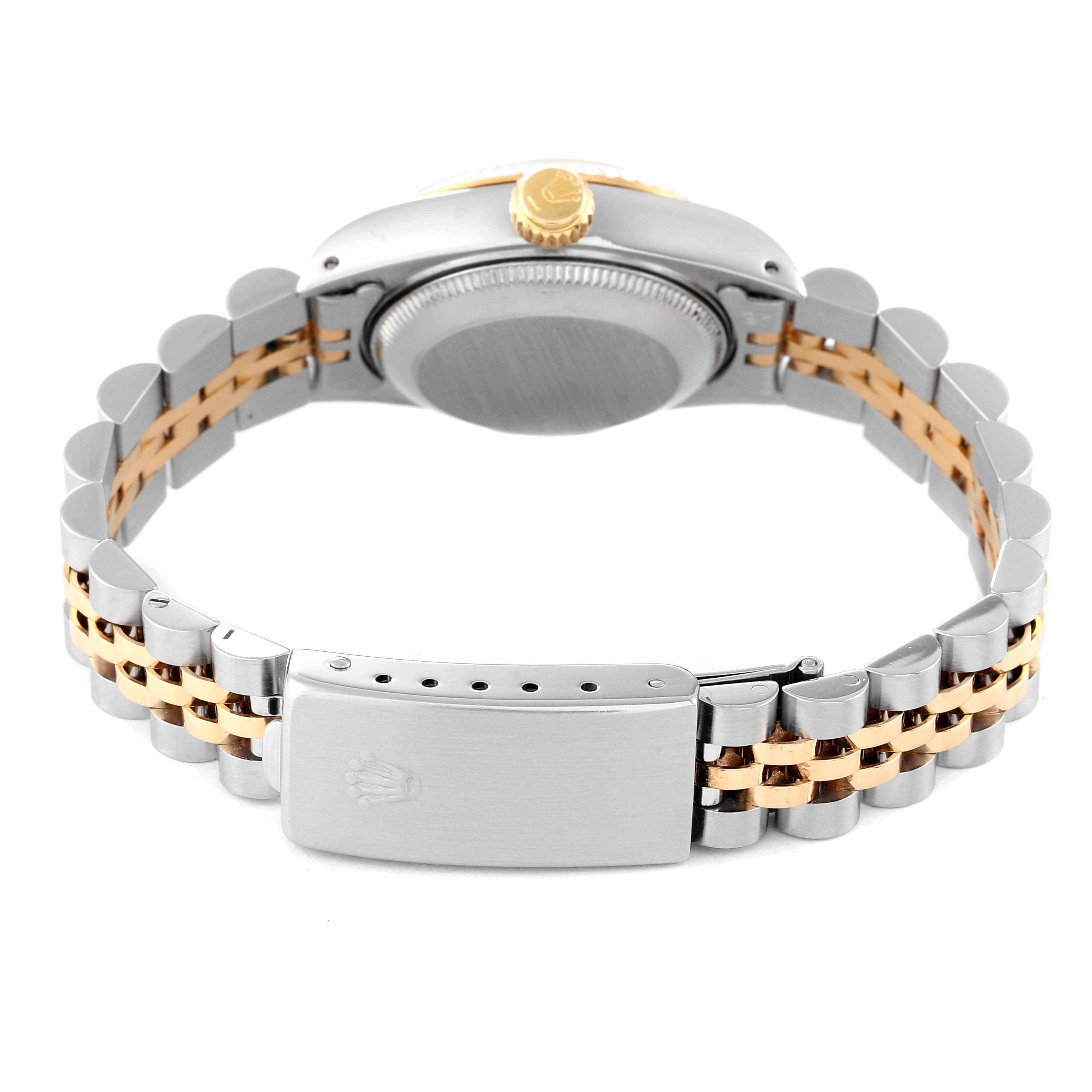 This image shows the back view of a Rolex Datejust 69173 Women's Steel and Gold (two tone) Champagne Dial 69173 Women's Steel and Gold (two tone) Champagne Dial watch, displaying the case back, crown, and Jubilee bracelet with a clasp.