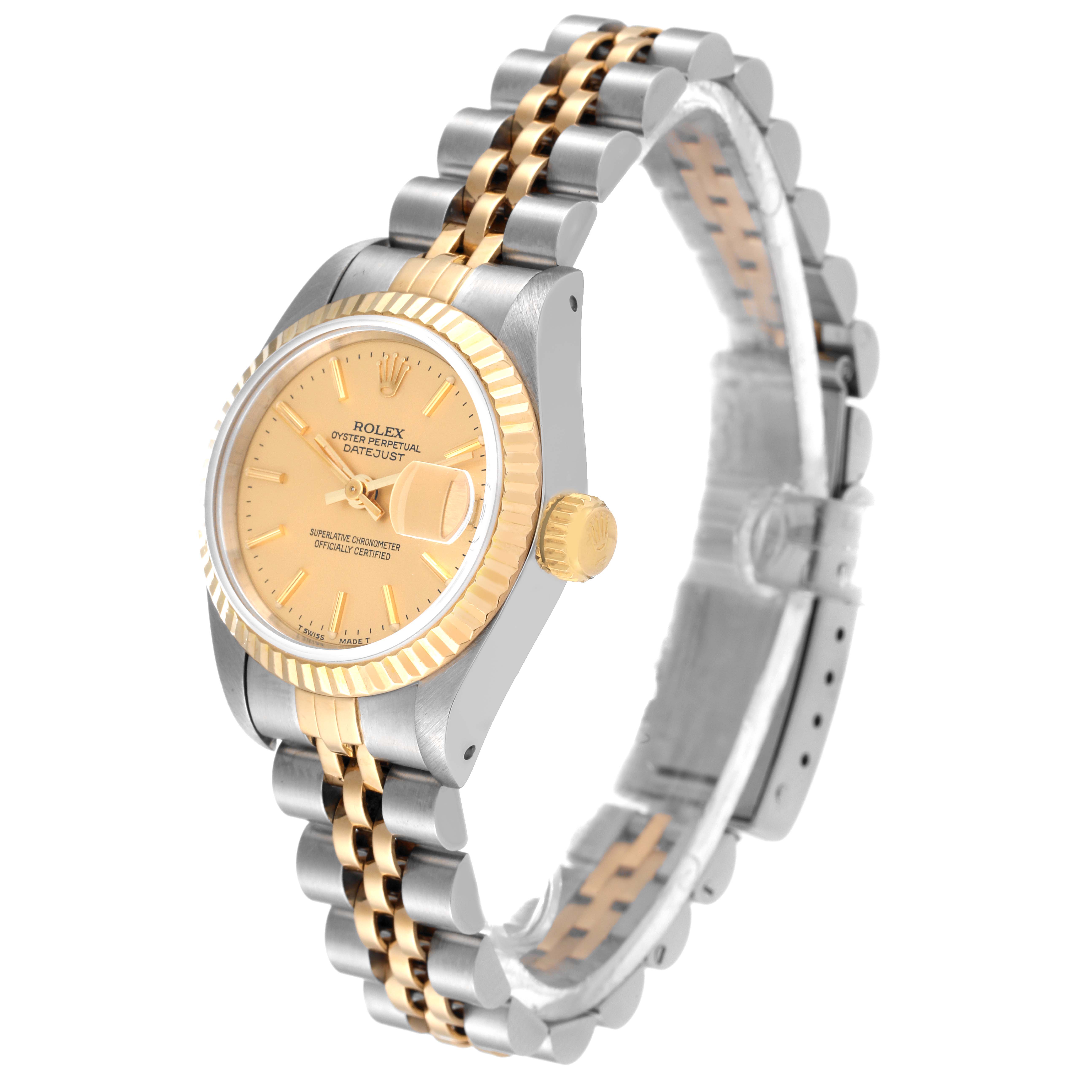 This Rolex Datejust 69173 Women's Steel and Gold (two tone) Champagne Dial 69173 Women's Steel and Gold (two tone) Champagne Dial watch is shown from a front-side angle, displaying the face, crown, and two-tone bracelet.