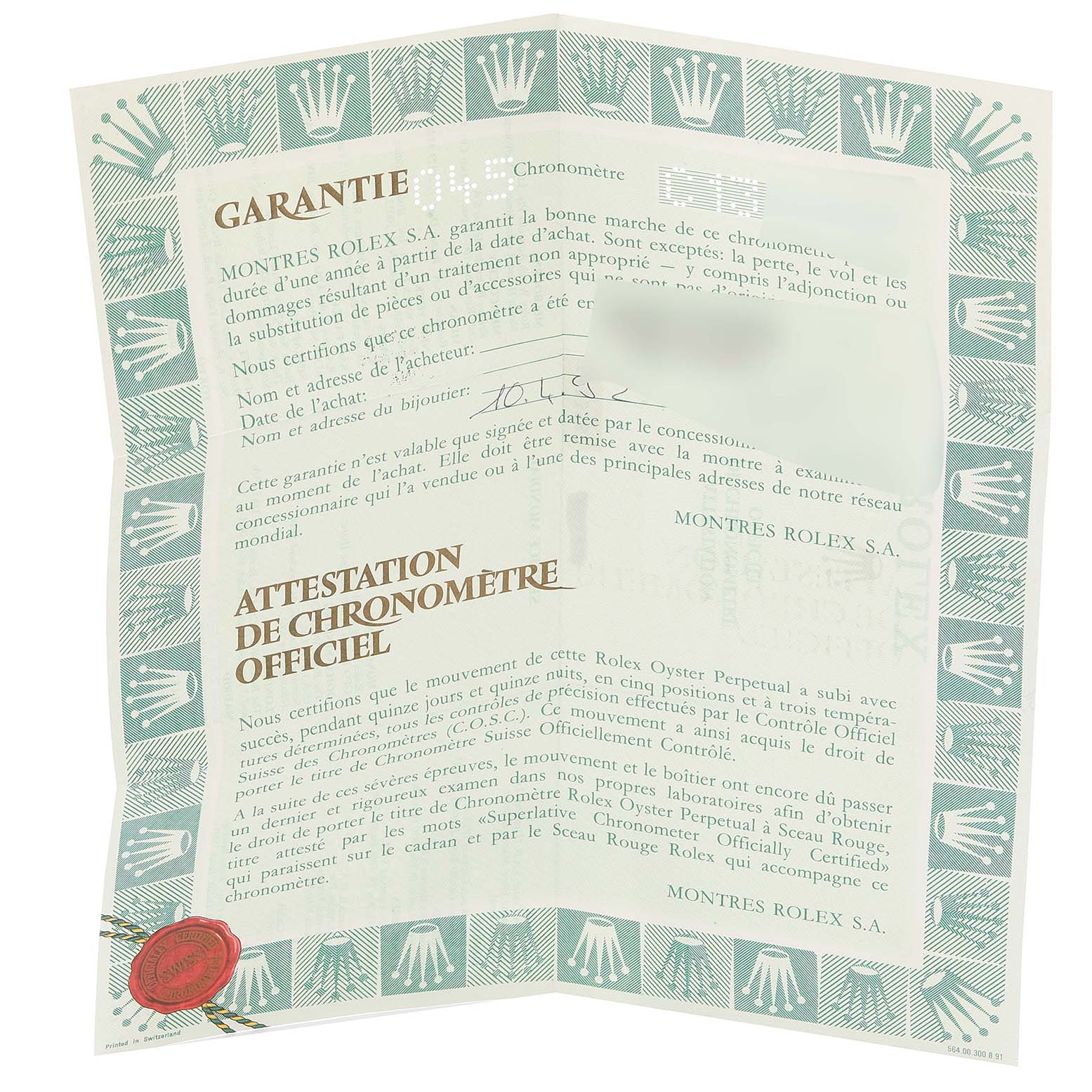 The image shows the warranty and official chronometer certification for a Rolex Datejust 69173 Women's Steel and Gold (two tone) Champagne Dial 69173 Women's Steel and Gold (two tone) Champagne Dial watch.