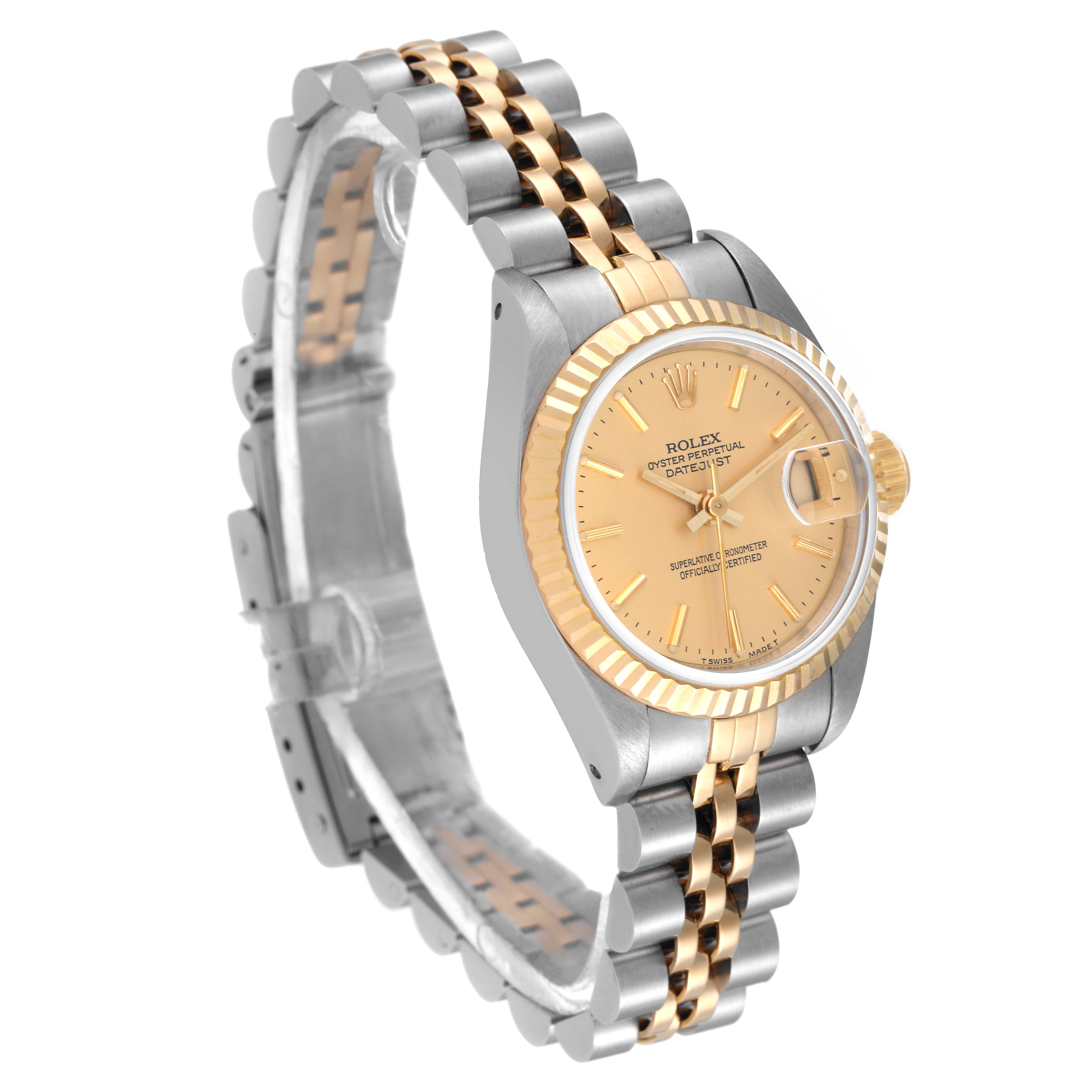 The Rolex Datejust 69173 Women's Steel and Gold (two tone) Champagne Dial 69173 Women's Steel and Gold (two tone) Champagne Dial watch is shown at a front-angled view, highlighting its gold and silver bracelet, bezel, and dial.