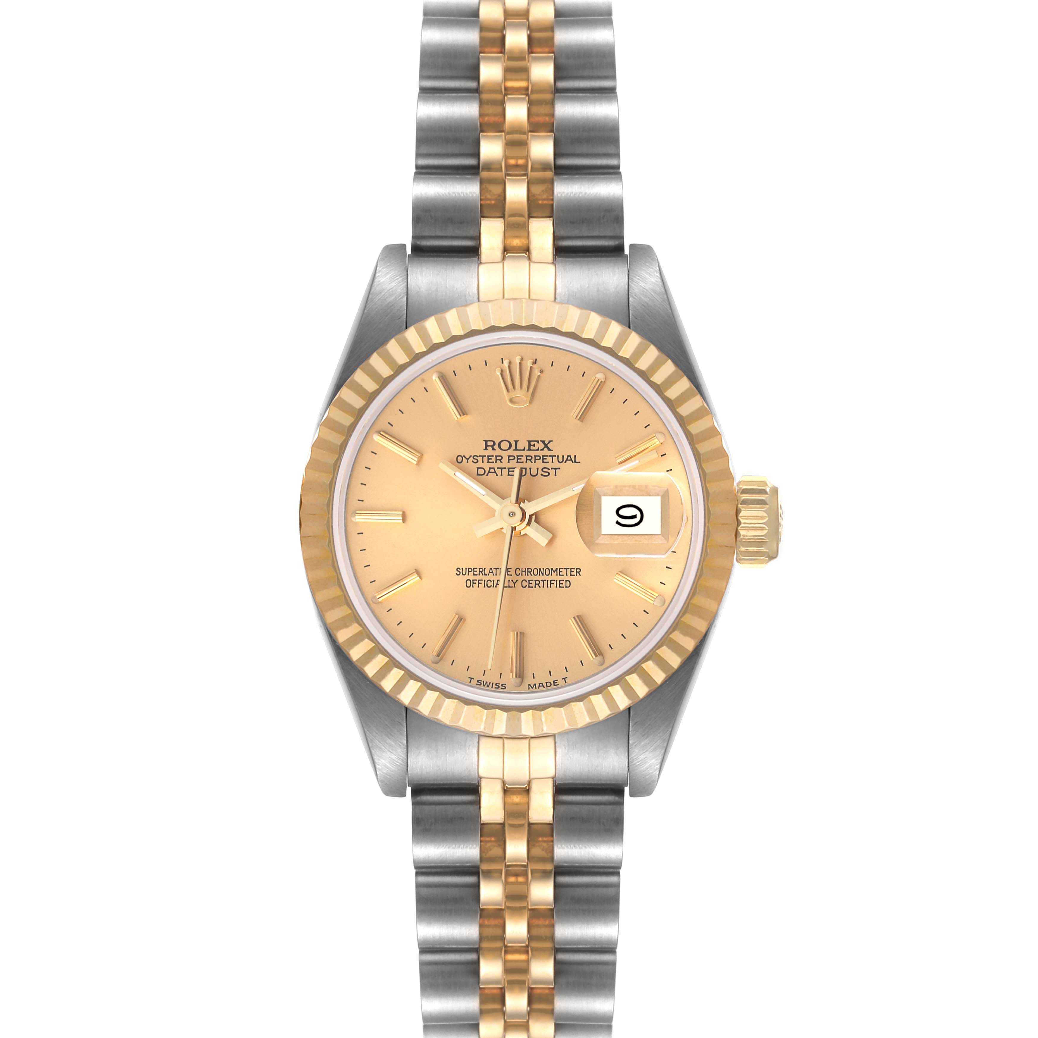 This image shows a front view of a Rolex Datejust 69173 Women's Steel and Gold (two tone) Champagne Dial 69173 Women's Steel and Gold (two tone) Champagne Dial watch, displaying its face, bezel, and two-tone bracelet.