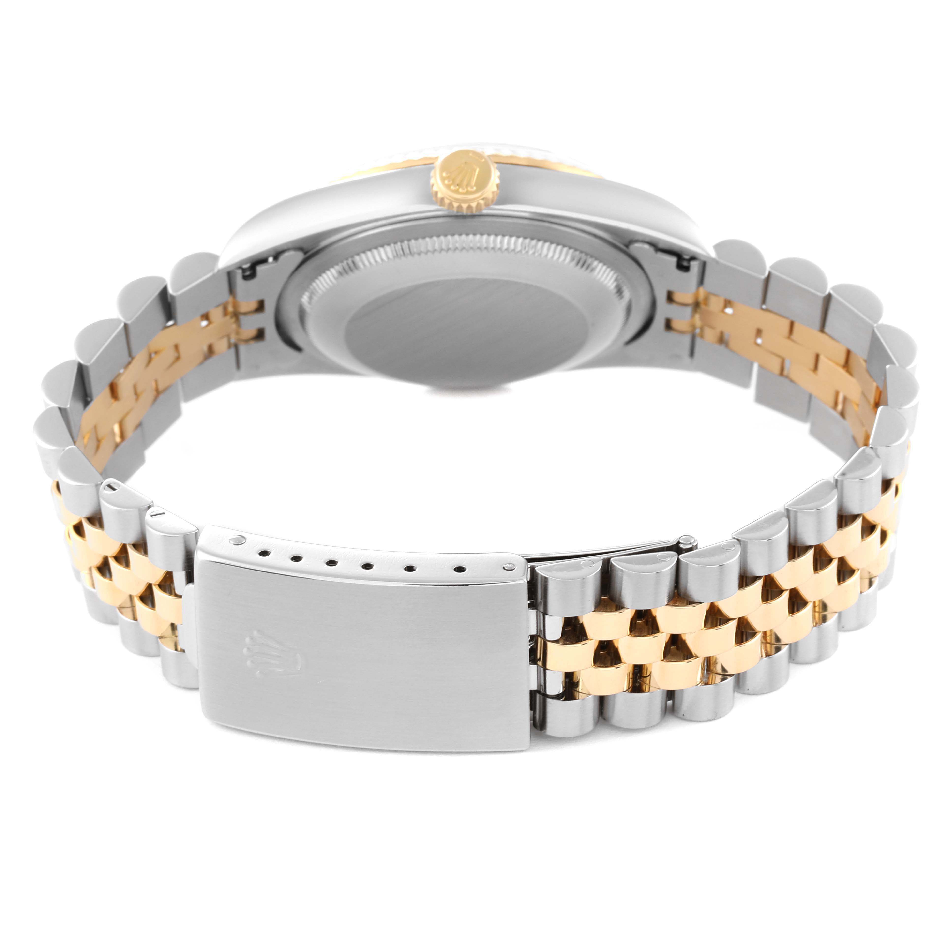 This Rolex Datejust 16233 Men's Steel and Gold (two tone) Beige Dial 16233 Men's Steel and Gold (two tone) Beige Dial watch is shown from the rear, displaying the clasp, caseback, and two-tone Jubilee bracelet.