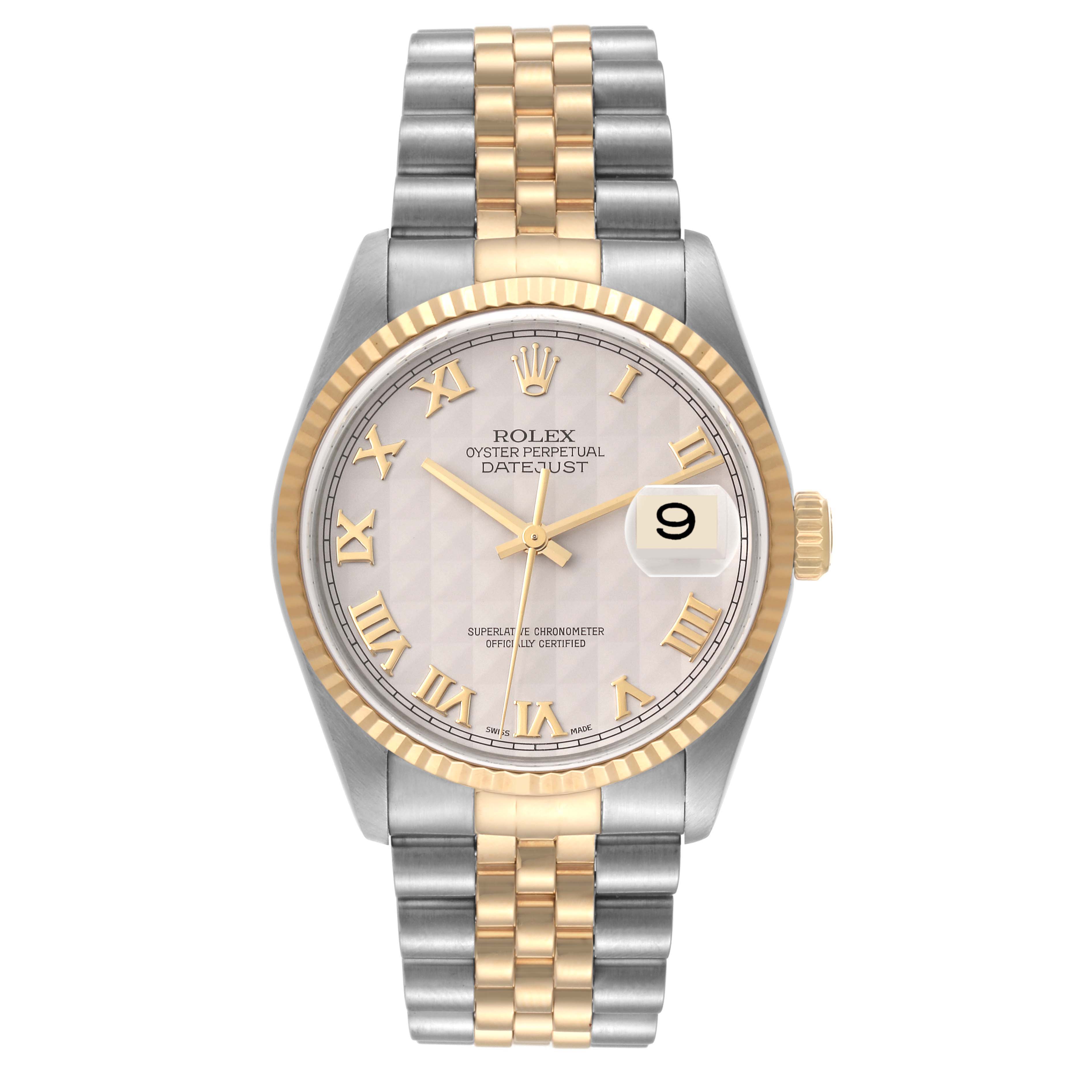 This image shows a front view of a Rolex Datejust 16233 Men's Steel and Gold (two tone) Beige Dial 16233 Men's Steel and Gold (two tone) Beige Dial watch, displaying the dial, bezel, crown, and bracelet.