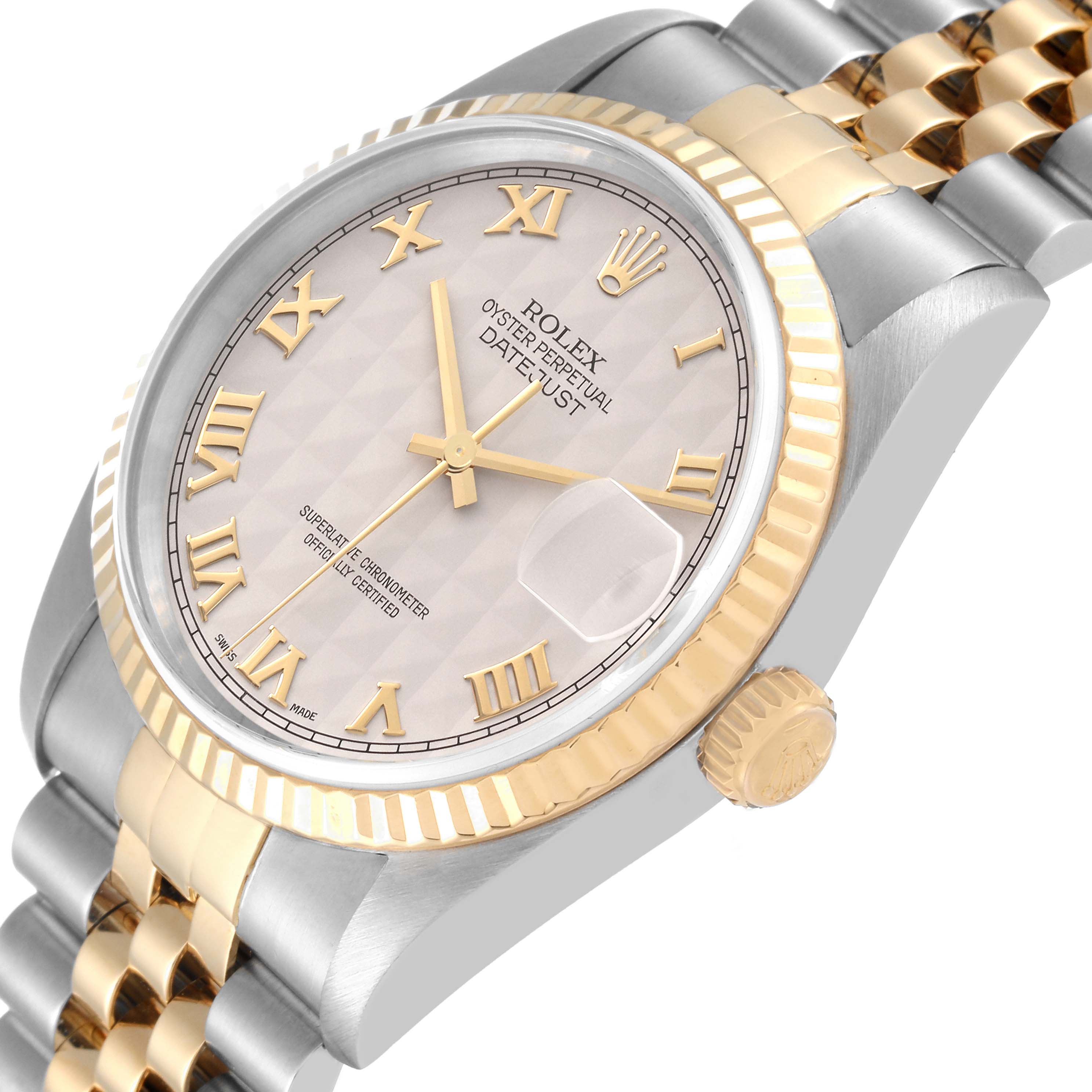 The Rolex Datejust 16233 Men's Steel and Gold (two tone) Beige Dial 16233 Men's Steel and Gold (two tone) Beige Dial watch is shown at an angled close-up, highlighting the dial, bezel, crown, and part of the bracelet.